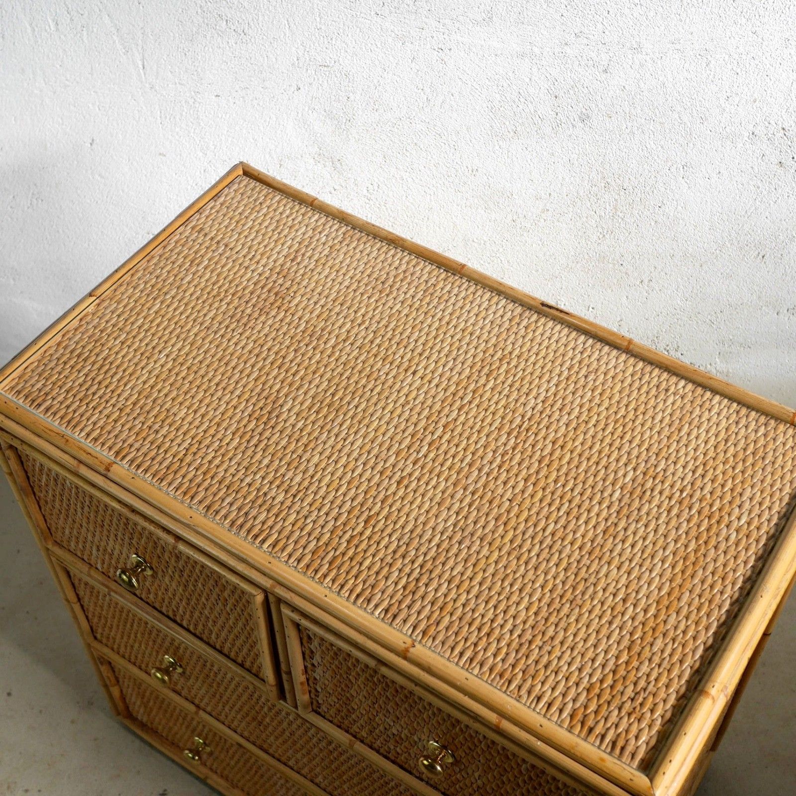 photo furniture Vintage Mid Century Bamboo Rattan Chest Drawers Brass Angraves Glass Top #102844