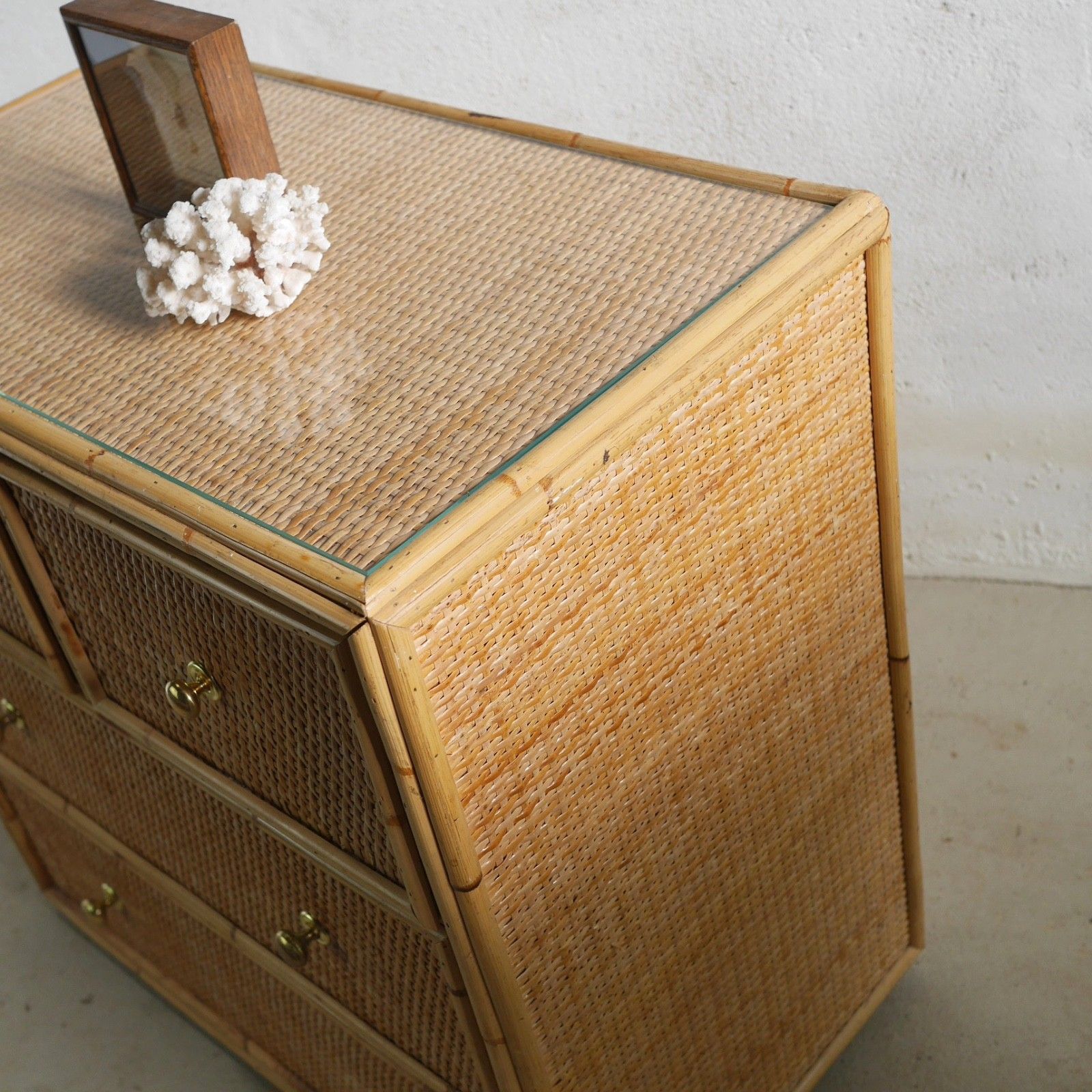 425.0 Vintage Mid Century Bamboo Rattan Chest Drawers Brass Angraves Glass Top #102844 photo