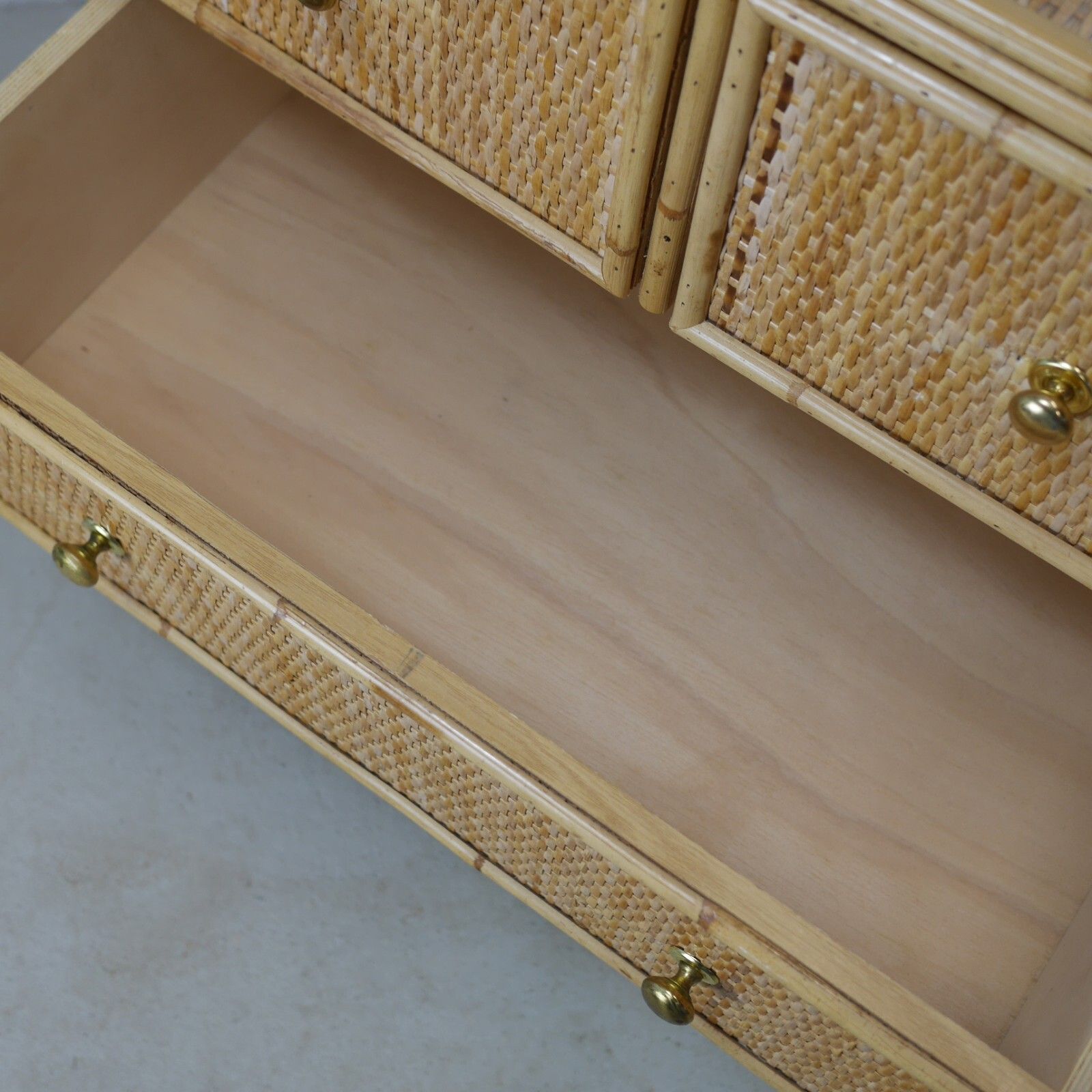 photo buy Vintage Mid Century Bamboo Rattan Chest Drawers Brass Angraves Glass Top #102844
