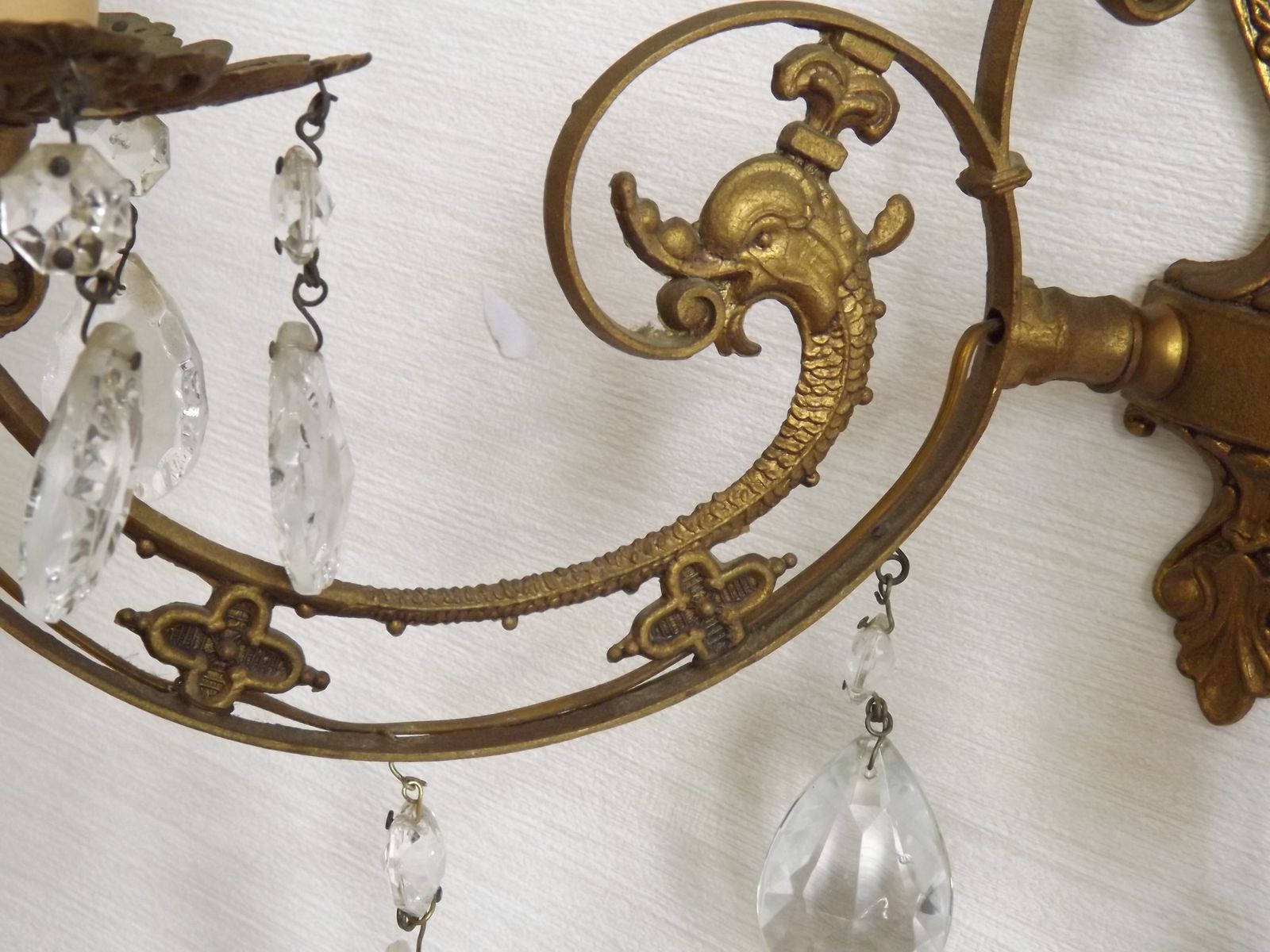 Lighting French Vintage Double Bronze & Crystal Wall Light   Stylized Dolphin Detail photo