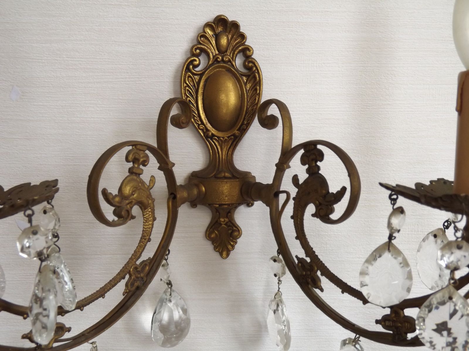 photo buy French Vintage Double Bronze & Crystal Wall Light   Stylized Dolphin Detail