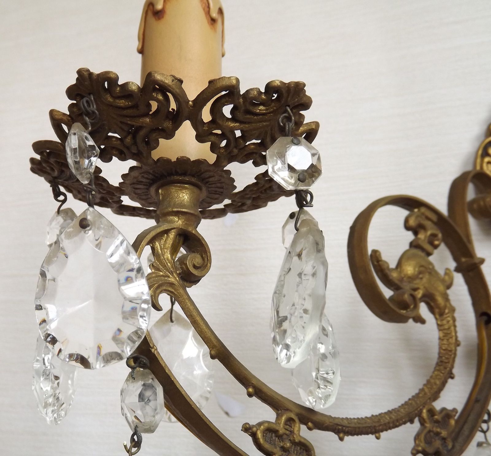 photo vintage French Vintage Double Bronze & Crystal Wall Light   Stylized Dolphin Detail