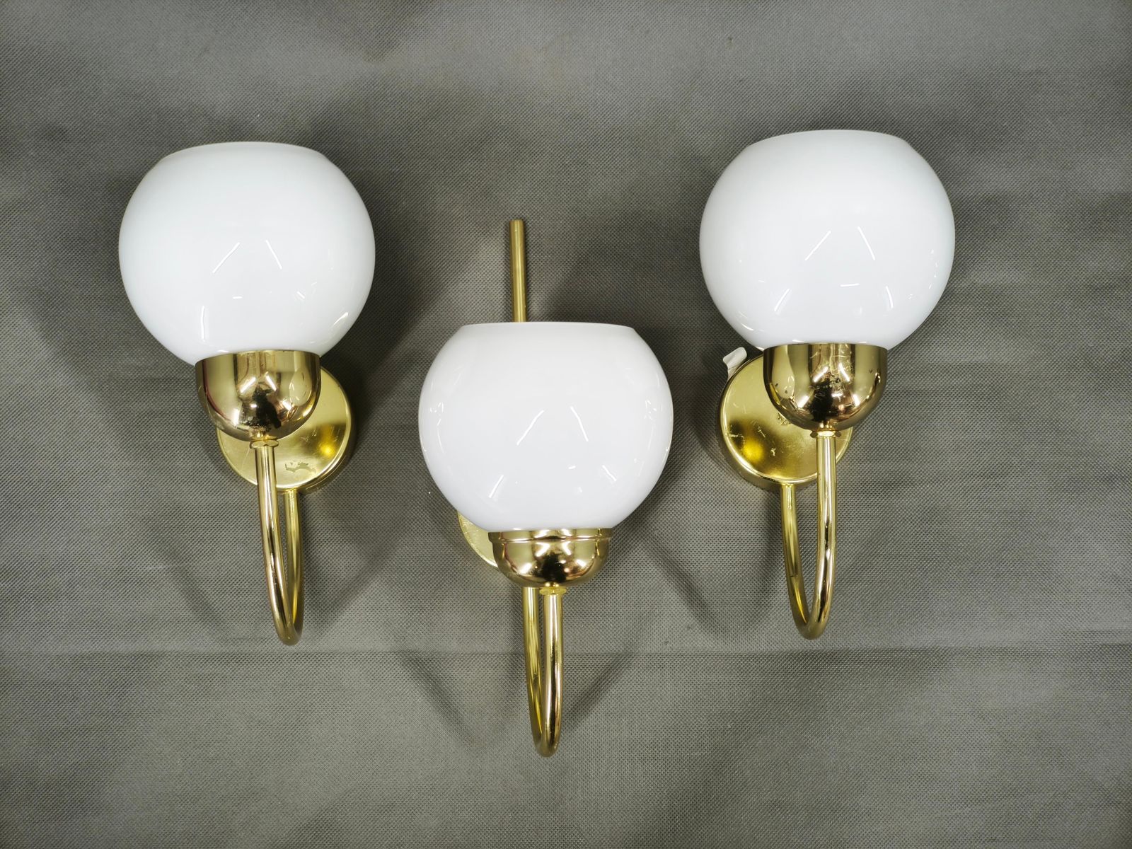 Set Of Three Brass Opaline Glass Wall Lights By Kamenický šenov, 1970s photo furniture
