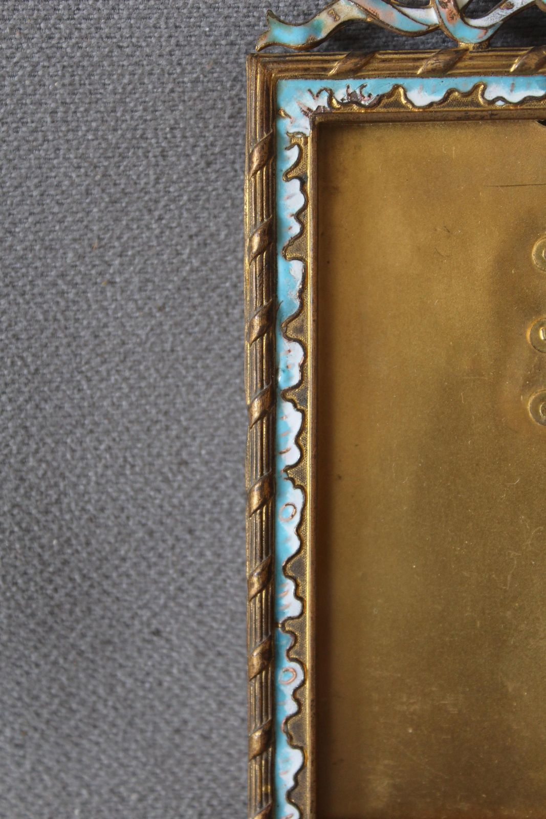 Antique Gilded Bronze 19th Century French Photo Frame, Champleve Enamel Work, Louis XVI Style, Napoleon XIX, Ribbon Top, Chip On Glass photo 75.0