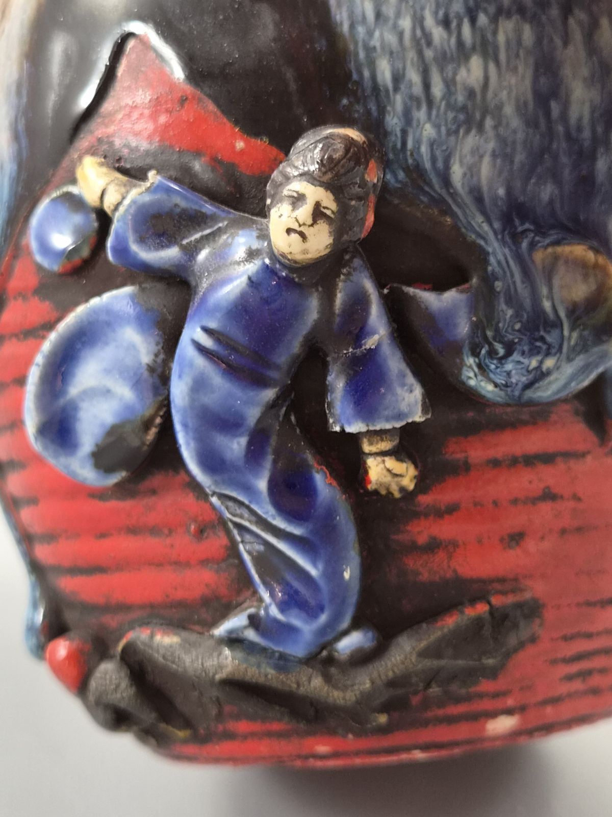 Japanese Sumida Gawa Jar Vase, Climbing Figure, Blue Flambé Glaze, Taishō–Shōwa C.1920–30s photo vintage