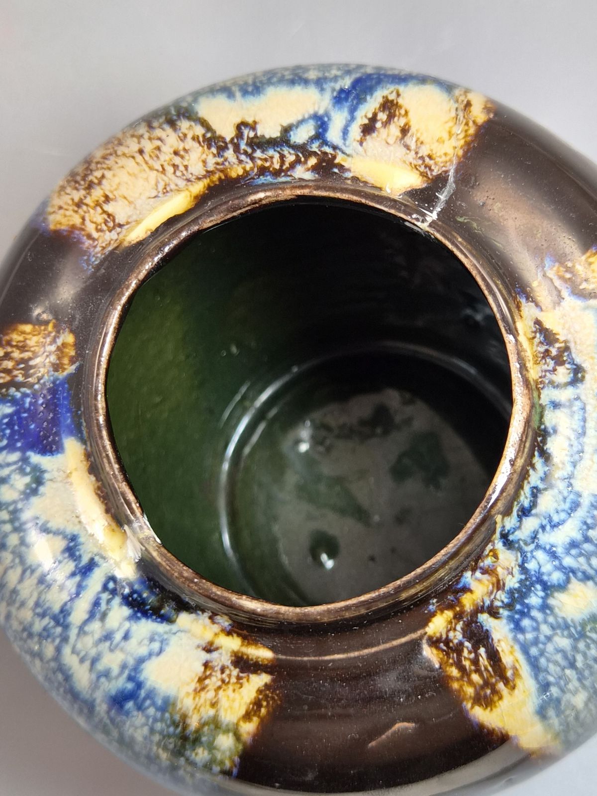 photo for sale Japanese Sumida Gawa Jar Vase, Climbing Figure, Blue Flambé Glaze, Taishō–Shōwa C.1920–30s