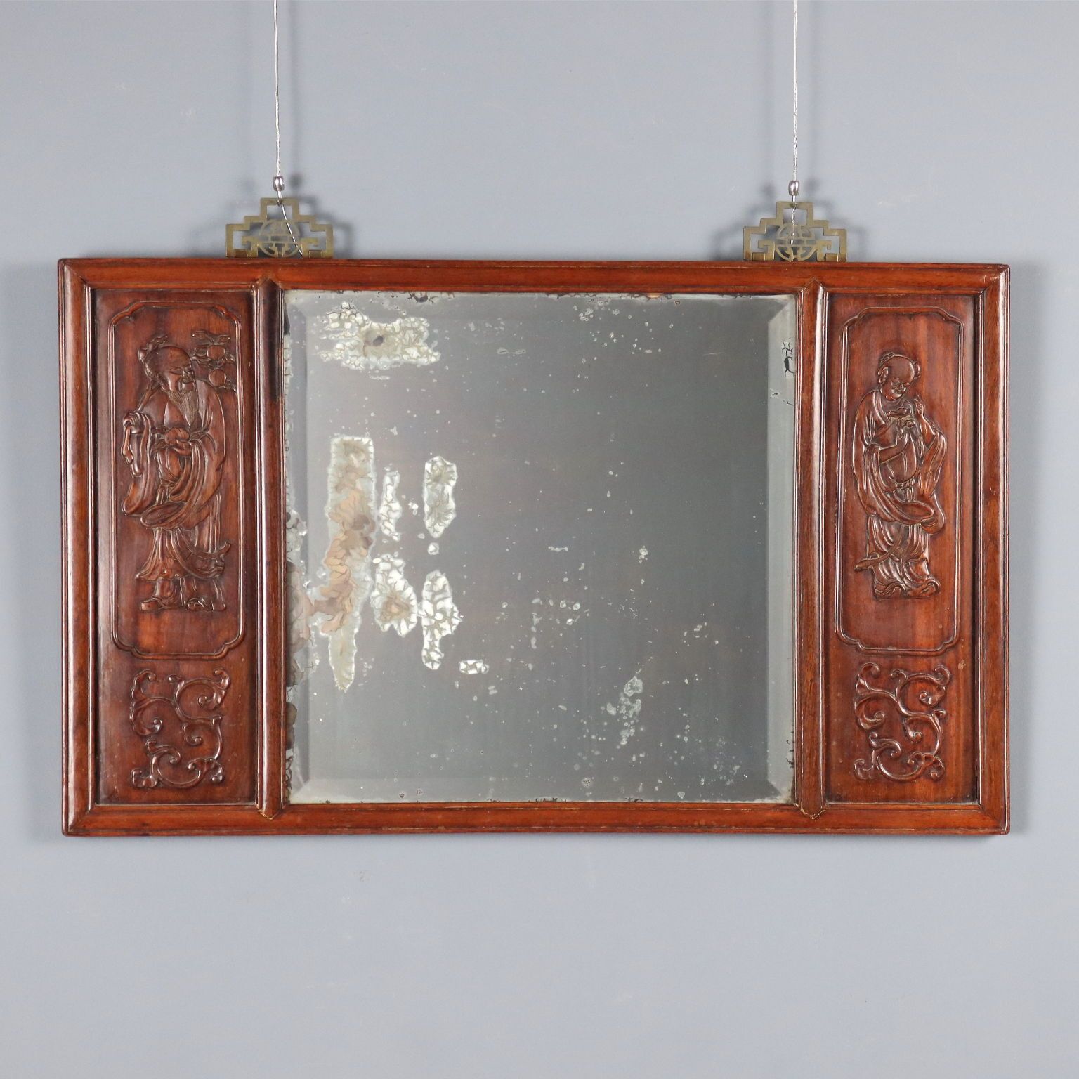 Antieke spiegel, exotisch hout, Chinoiserie-snijwerk, 19e eeuw