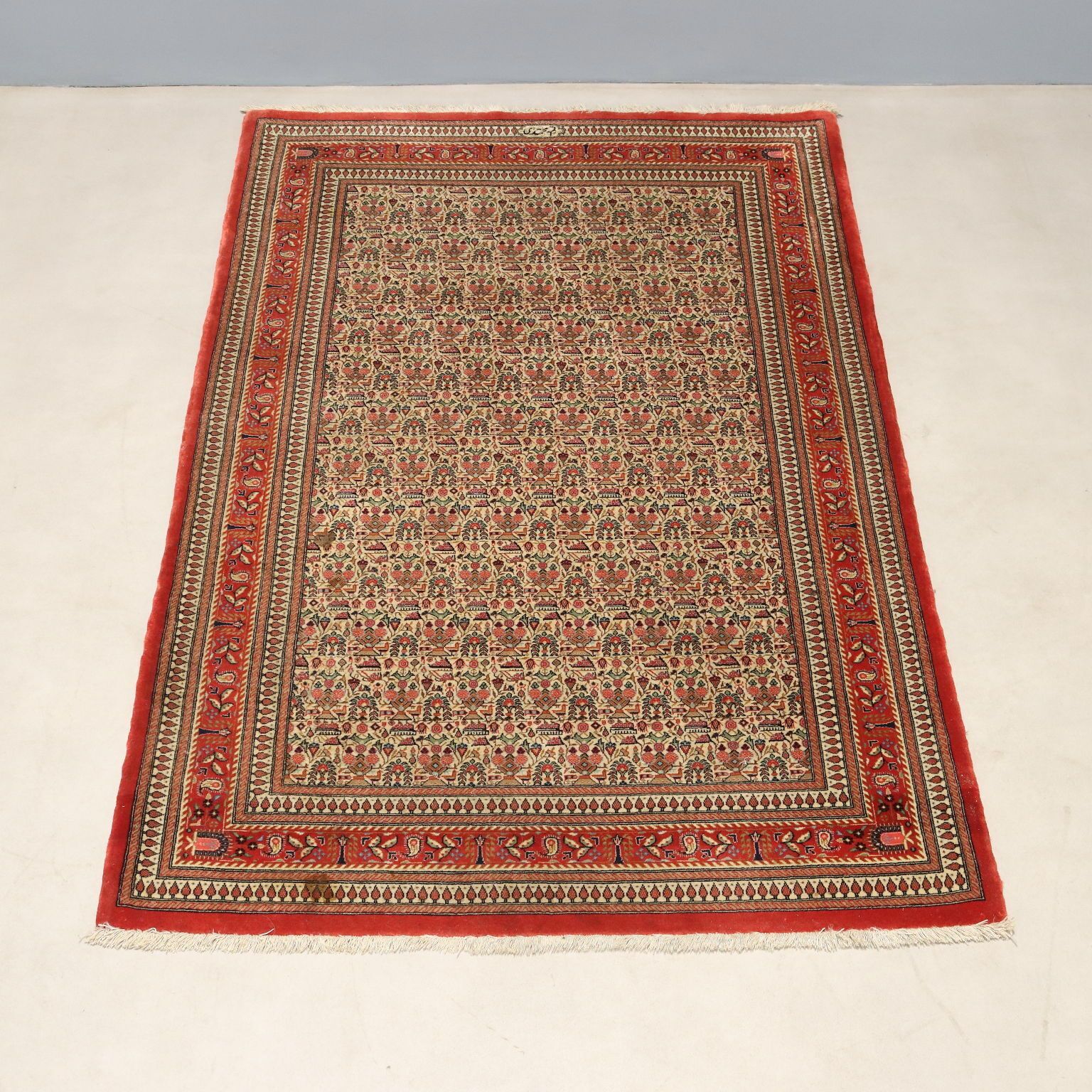 Antiek Aziatisch tapijt, katoen, wol en zijde, fijne knoop, 59 x 39 inch photo for sale
