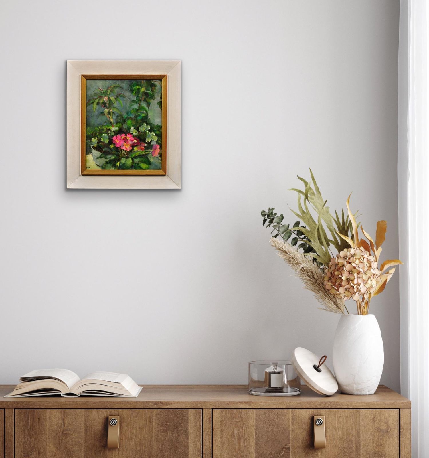 photo buy Diana Maxwell Armfield B.1920. English. Pink Primulas & Pot Plants. Original Still Life Flower Oil Painting. Modern British.