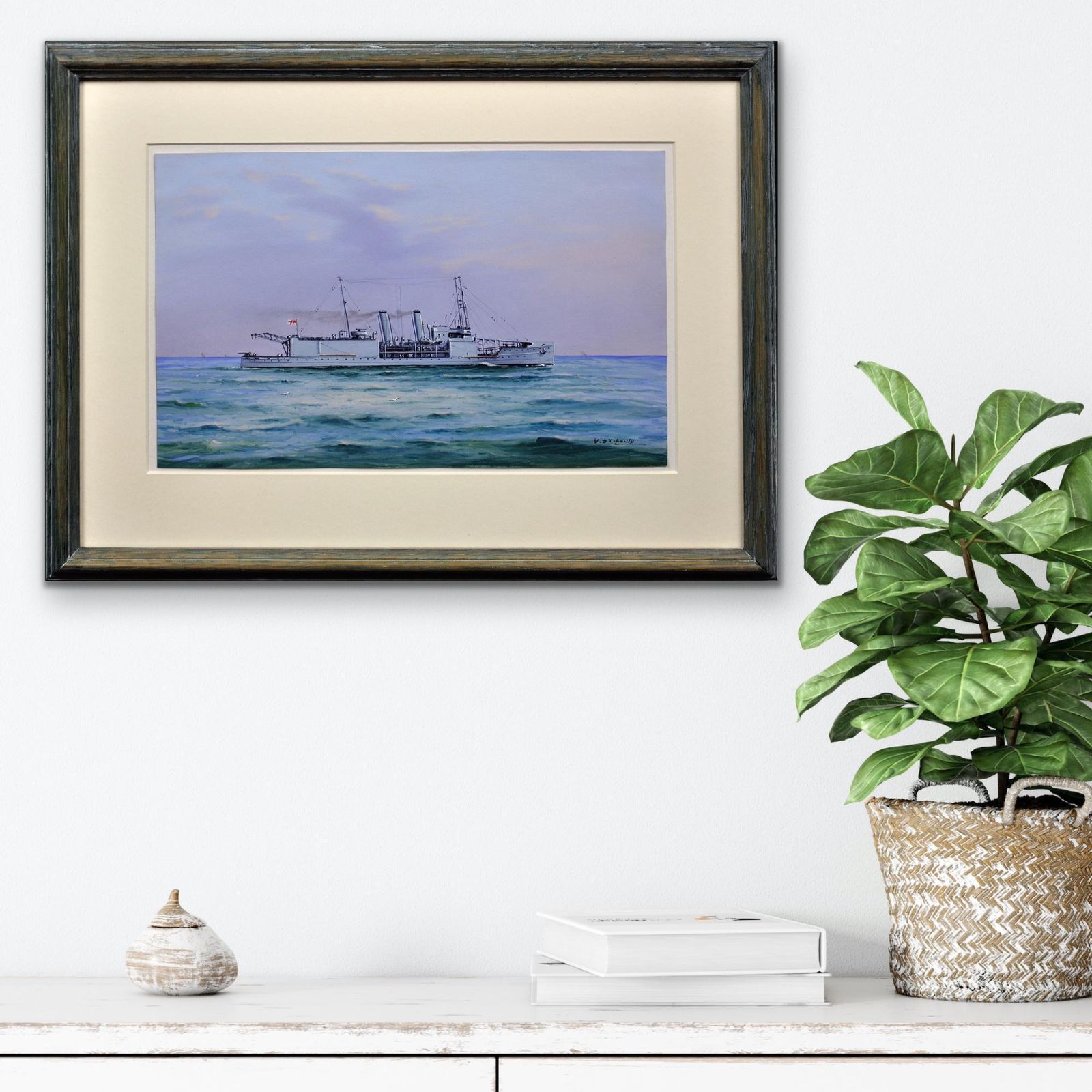 Kunst Vincenzo D'Esposito Hms Nairana Royal Navy Seaplane Carrier Fleet Air Arm Tasmania & Melbourne Ferry photo