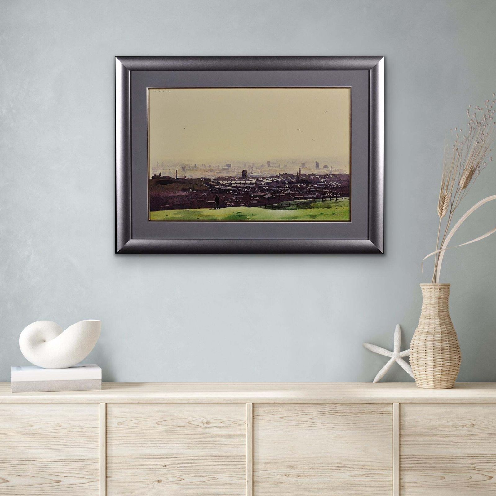 photo vintage Robert Littleford 1940 To 2023. English. Oldham From The Surrounding Hills, 1984. Framed Watercolour. Greater Manchester Cityscape. Lancashire.