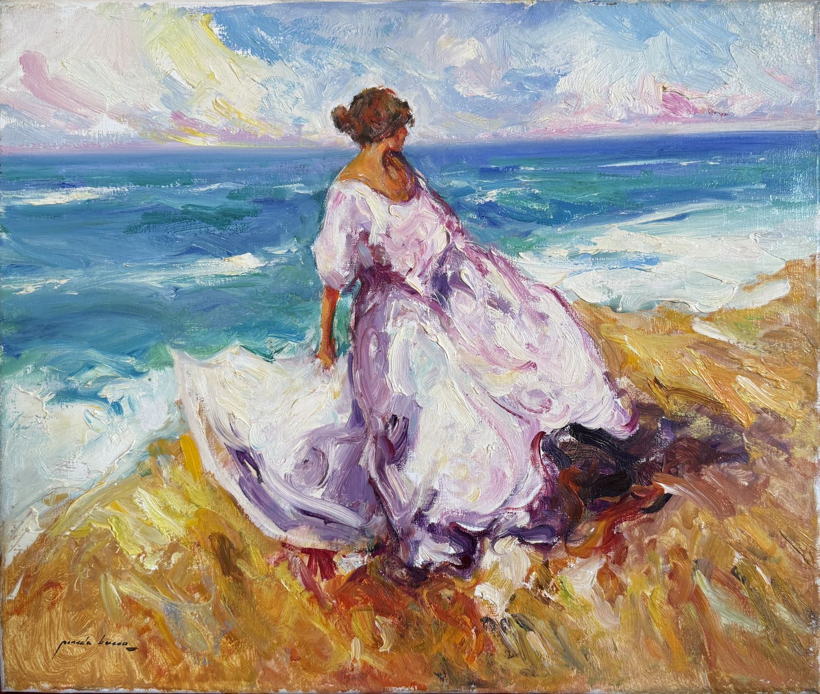 José Antonio Pineda Bueno, Femme méditerranéenne au bord de la mer, peinture figurative espagnole à l'huile sur toile, Europe, 2000