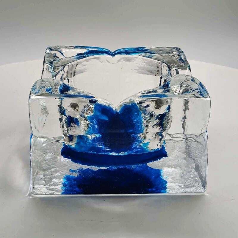 1960s Big Square Ashtray Or Catch All In Hand Worked Murano Glass With Ice Cube Effect. Made In Italy   12 Cm photo for sale