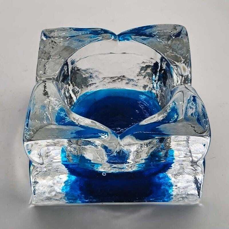 Grote vierkante asbak of vide-poche in handbewerkt Murano-glas met ijsblokjeseffect, ca. jaren 1960. Made In Italy   12 cm photo 302.0