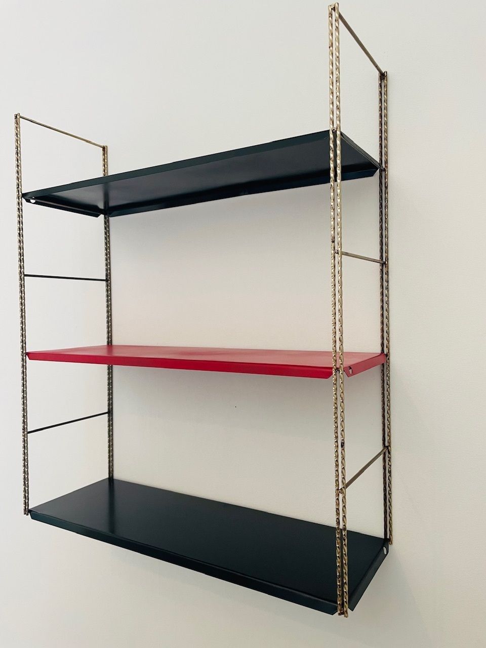 Mid Century Modern, Adjustable Brass And Metal Wall Mounted Shelf, 1960s photo vintage