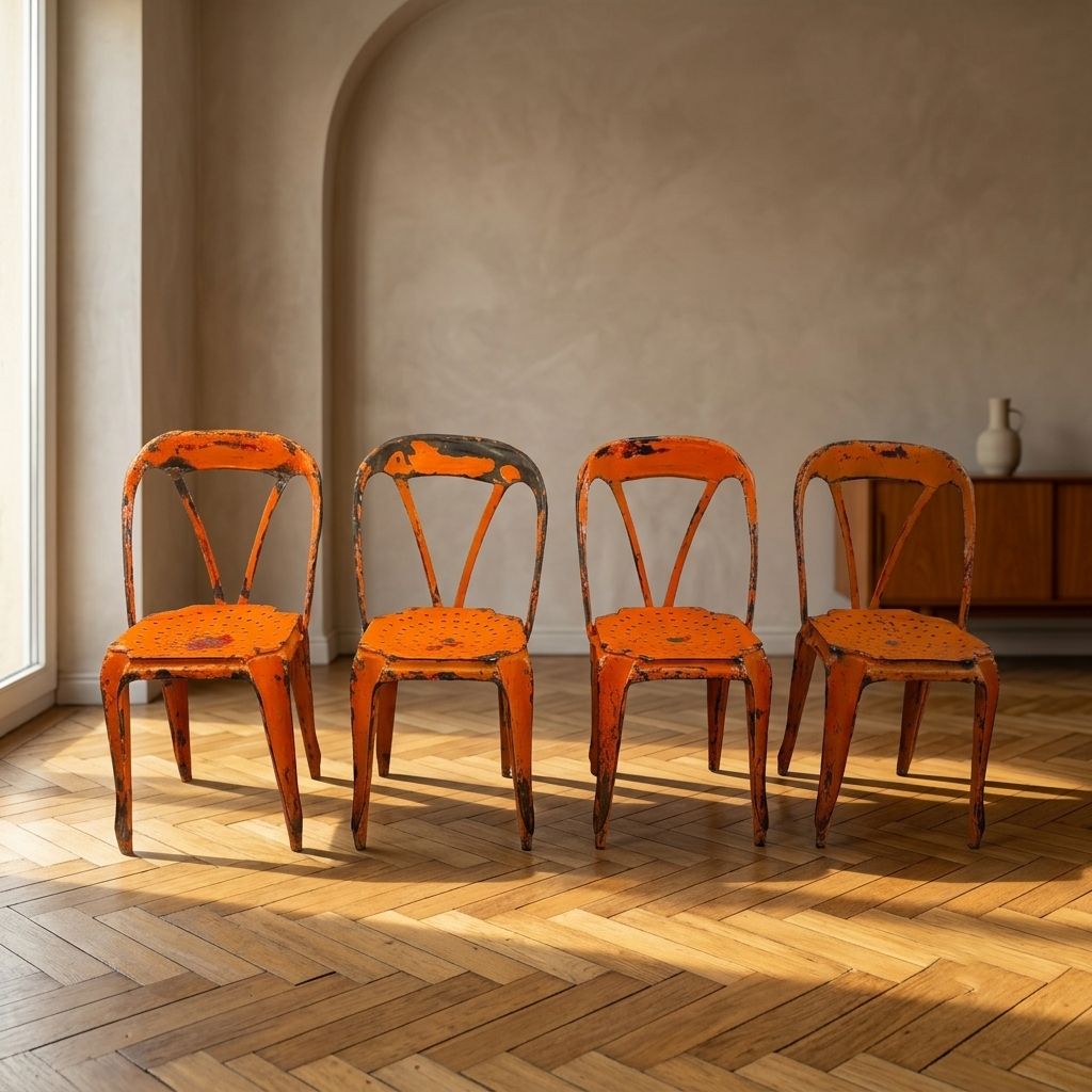 Set Of Four Industrial Metal Dining Chairs By Joseph Mathieu, Painted Steel, 1920s, France