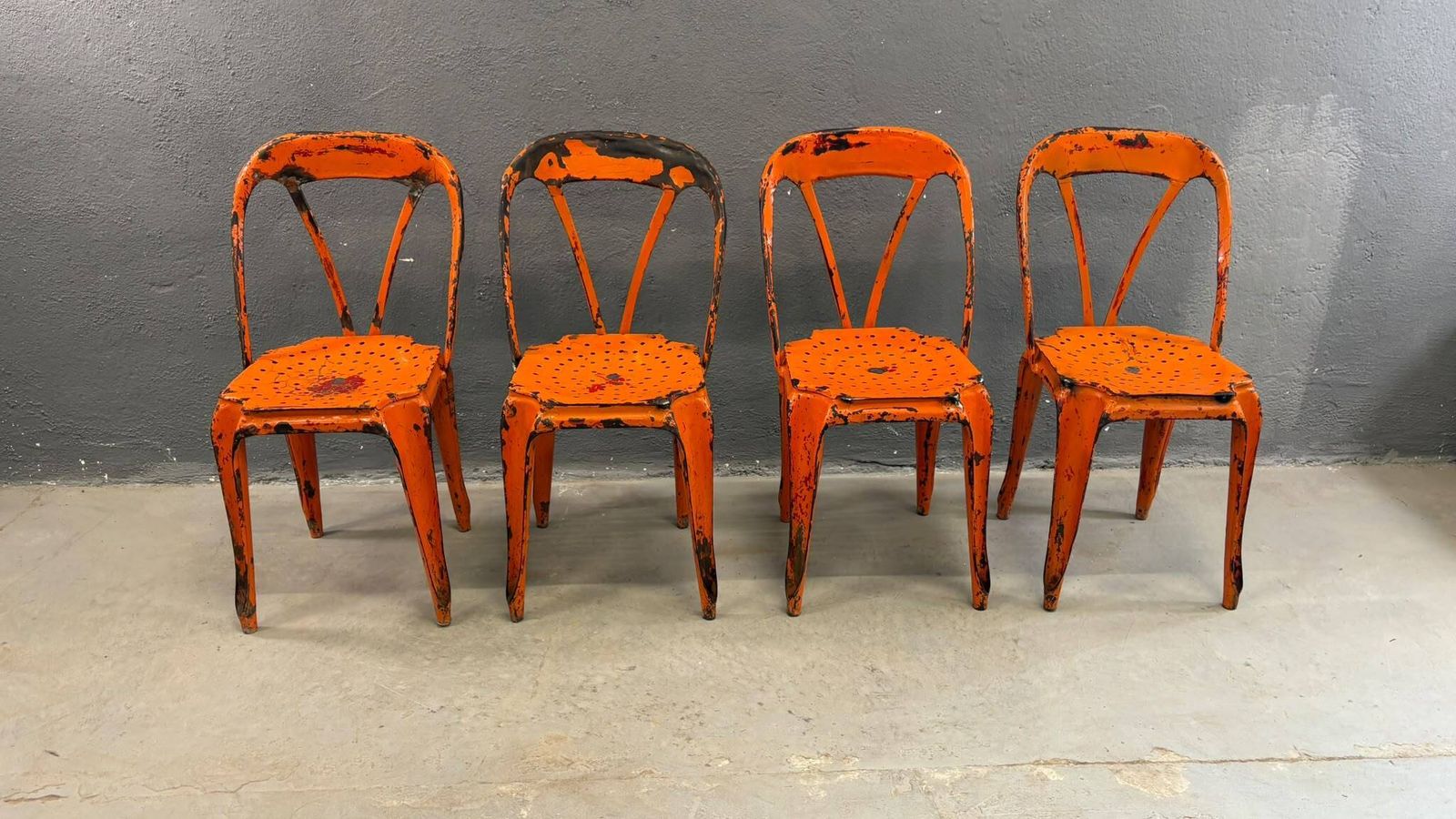 Set Of Four Industrial Metal Dining Chairs By Joseph Mathieu, Painted Steel, 1920s, France photo vinterior