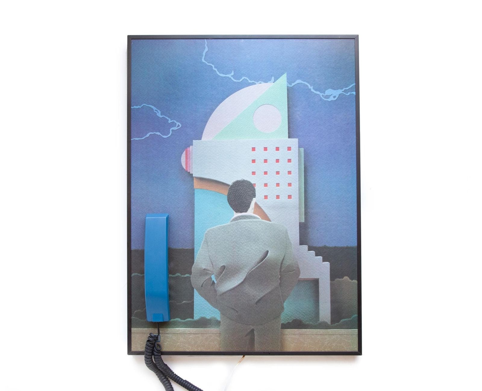 Wandkunstwerk uit de jaren '80 met telefoon – Memphis-stijl, postmodern, analoge print