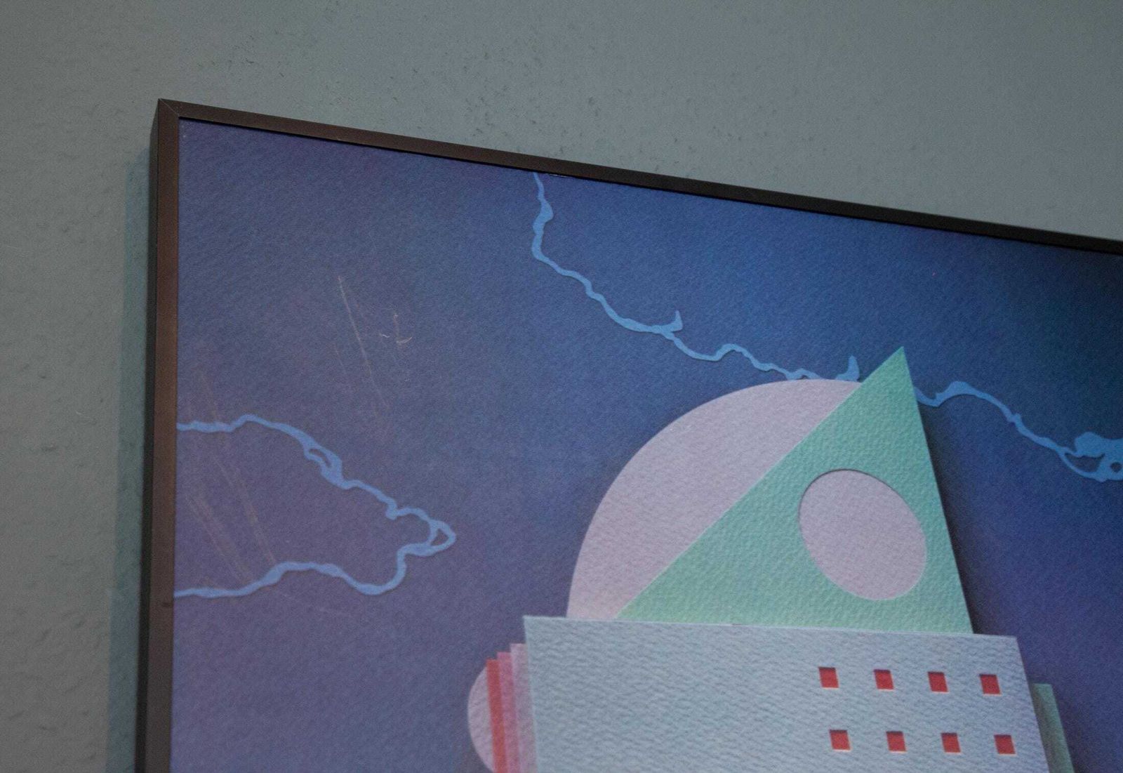 Wandkunstwerk uit de jaren '80 met telefoon – Memphis-stijl, postmodern, analoge print photo Kunst