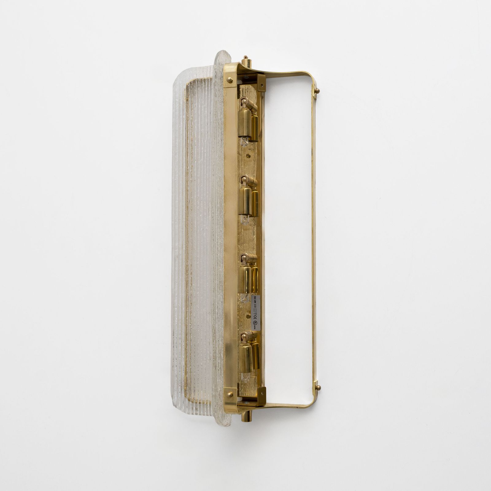 Paar grote gebogen wandlampen van helder geribbeld Muranoglas met messing photo vintage