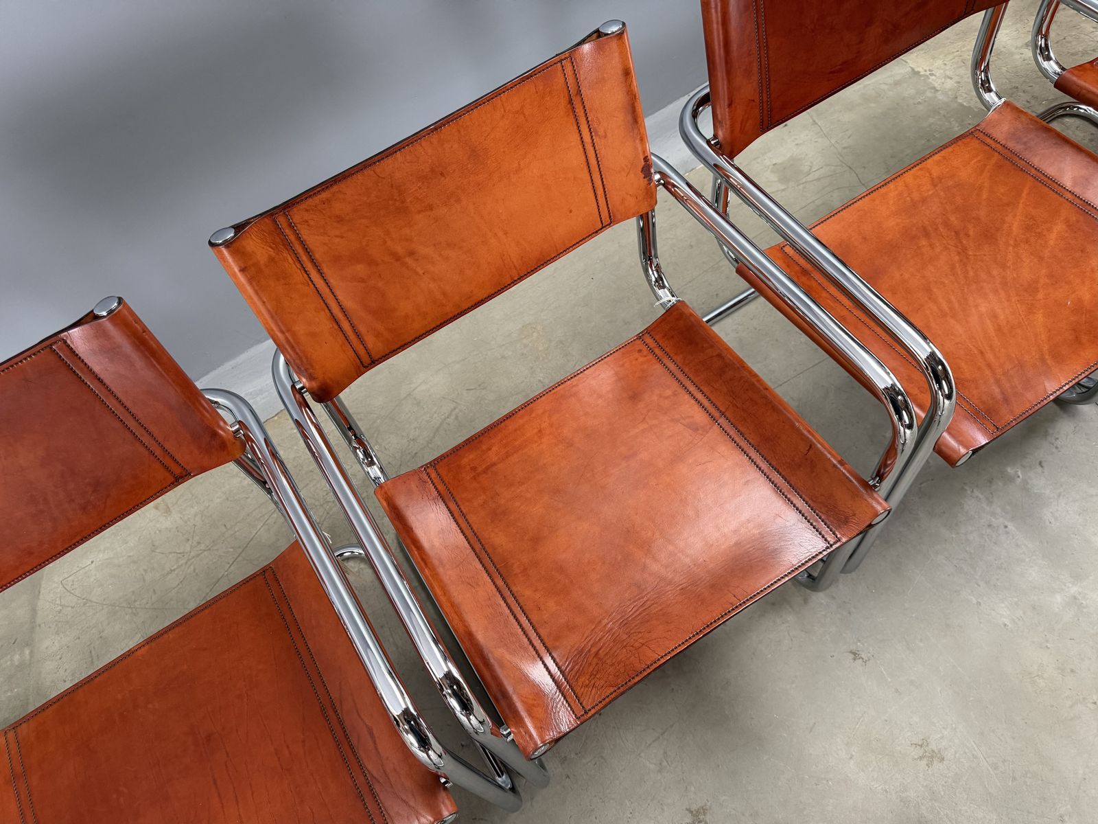 photo furniture Six 6 Dining Mart Stam Marcel Breuer S34 Set Of 6  Chrome Tan Cognac Brown Leather Cantilever Bauhaus