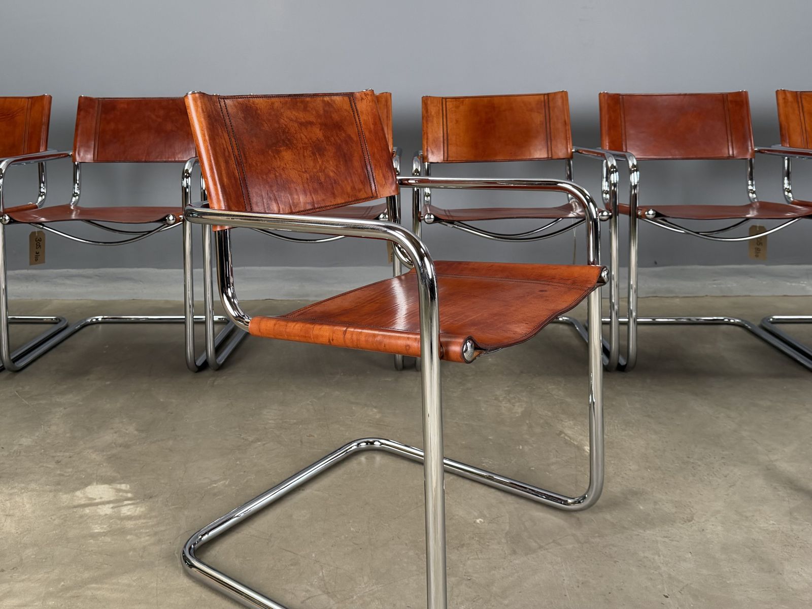 photo vinterior Six 6 Dining Mart Stam Marcel Breuer S34 Set Of 6  Chrome Tan Cognac Brown Leather Cantilever Bauhaus