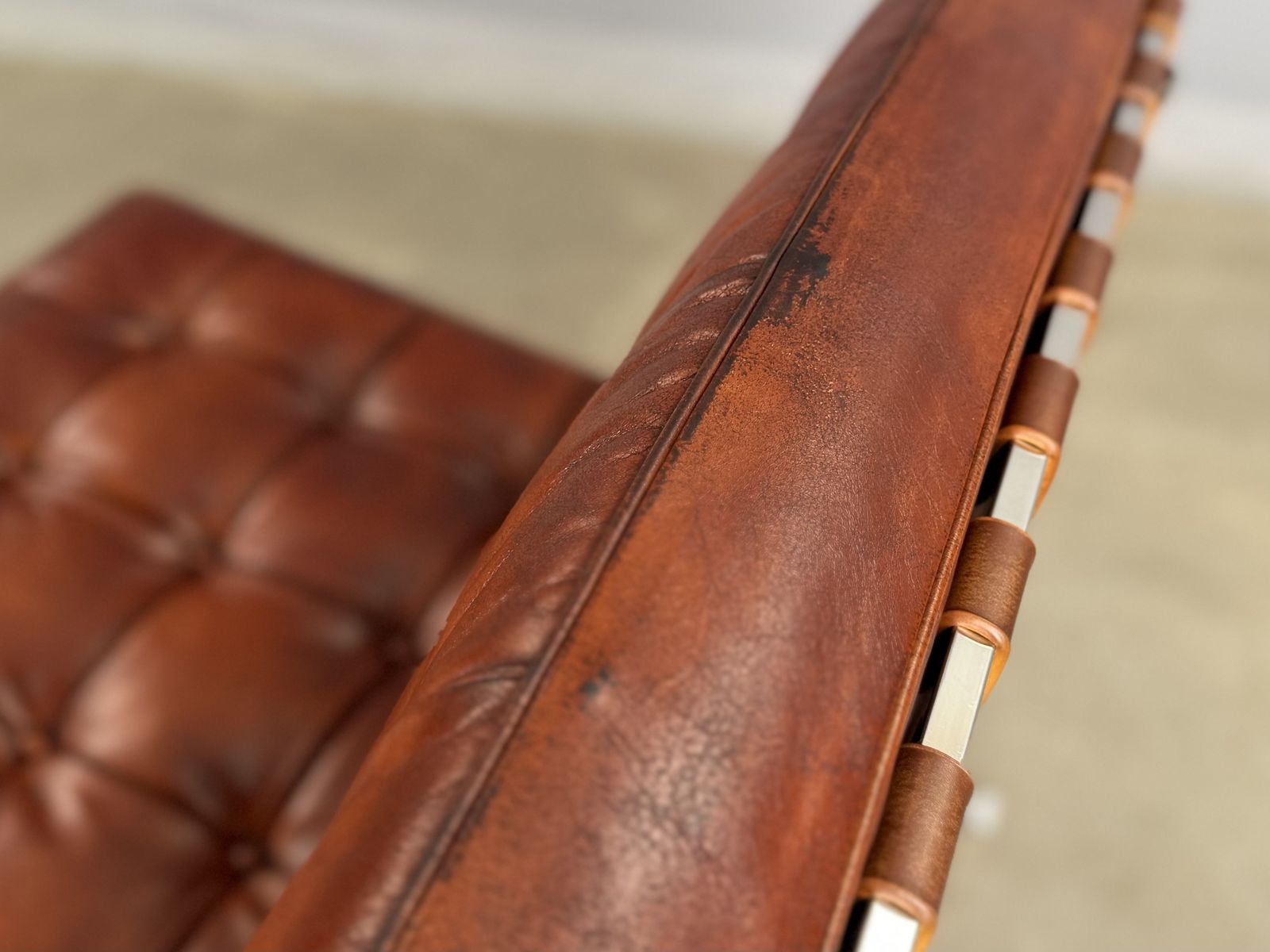 photo buy Barcelona Chair Leather Lounge Brown Tan Accent Chair Bauhaus Statement Armchair