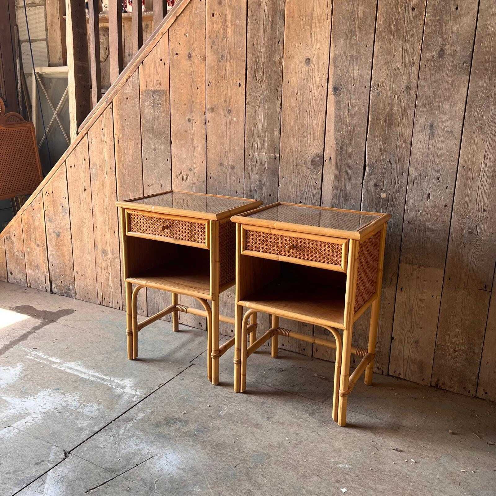 A Pair Of Cane Bedside Cabinets With Drawer And Enclosed Shelf photo 1175.0