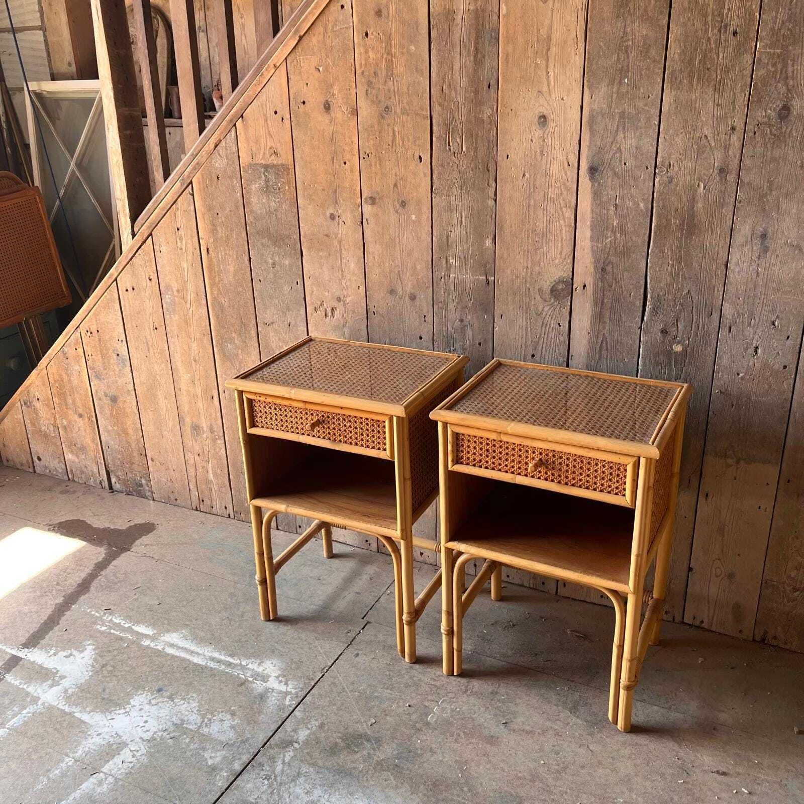 A Pair Of Cane Bedside Cabinets With Drawer And Enclosed Shelf photo vinterior