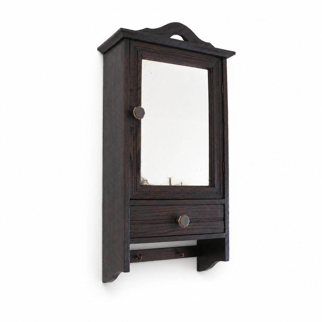Antique Oak Wall Cabinet With Mirror Drawer & Hooks Art Deco Hall Cabinet
