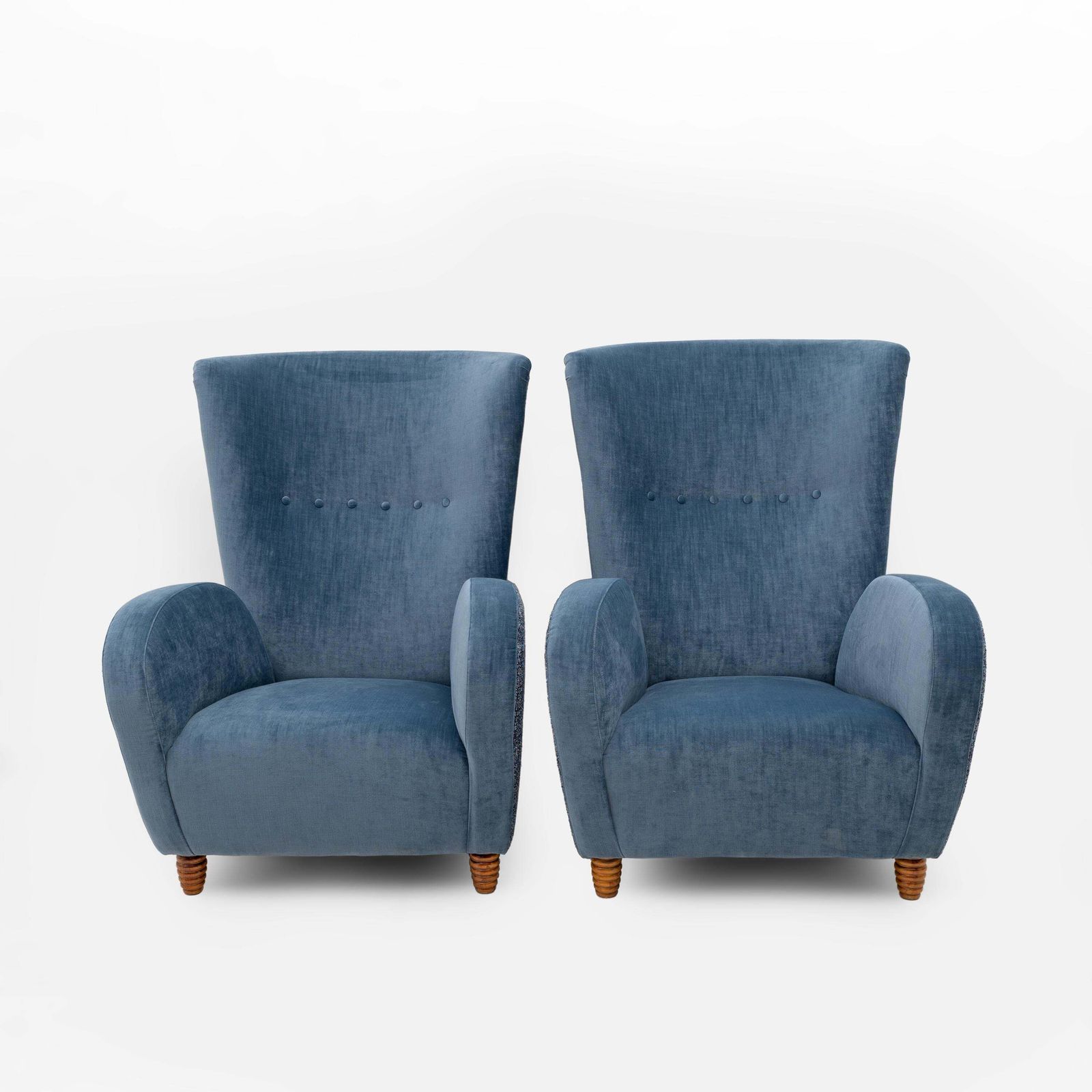 Paar Italiaanse Paolo Buffa fauteuils met hoge rug in blauw fluweel en chenille, jaren 1950 photo for sale