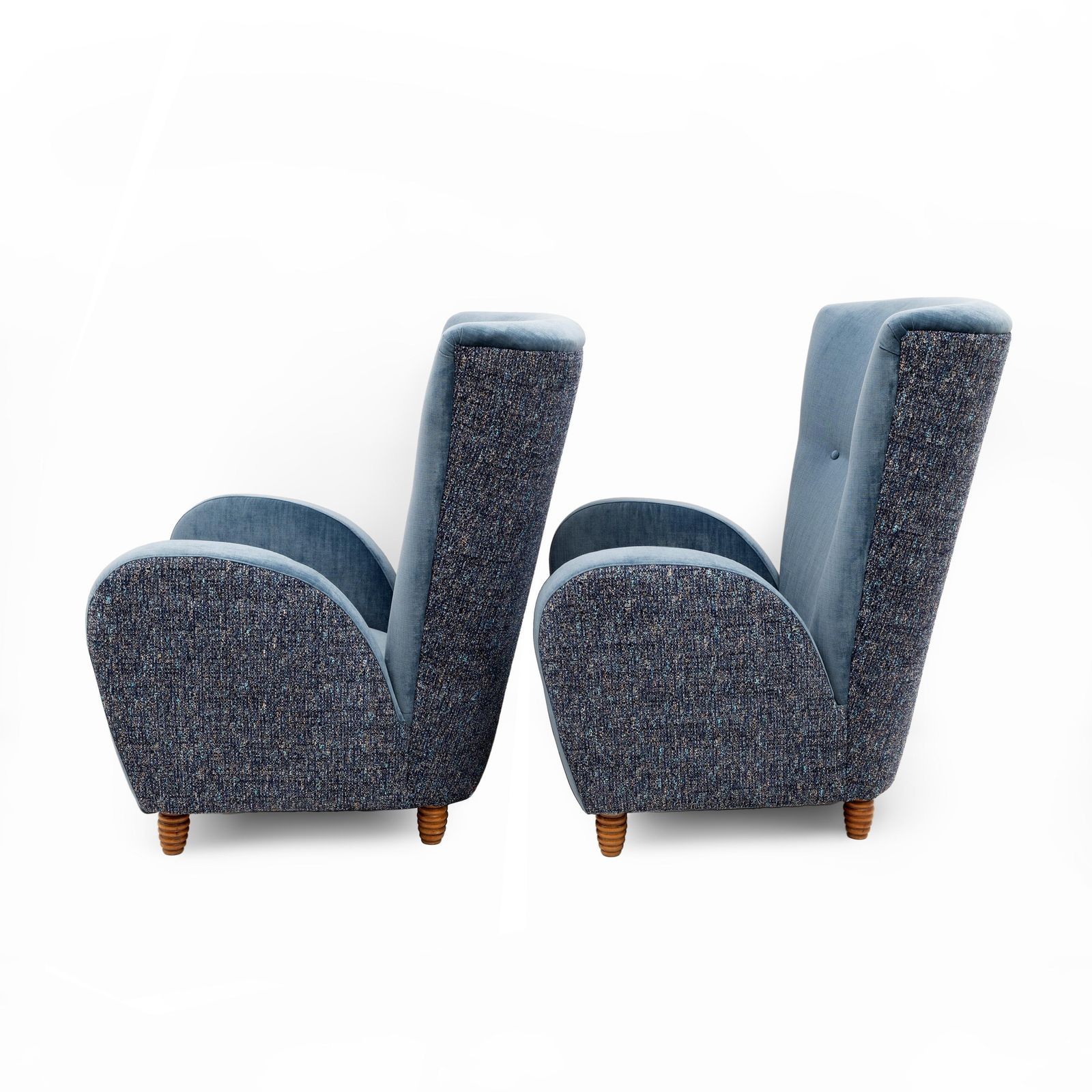Paar Italiaanse Paolo Buffa fauteuils met hoge rug in blauw fluweel en chenille, jaren 1950 photo Meubels