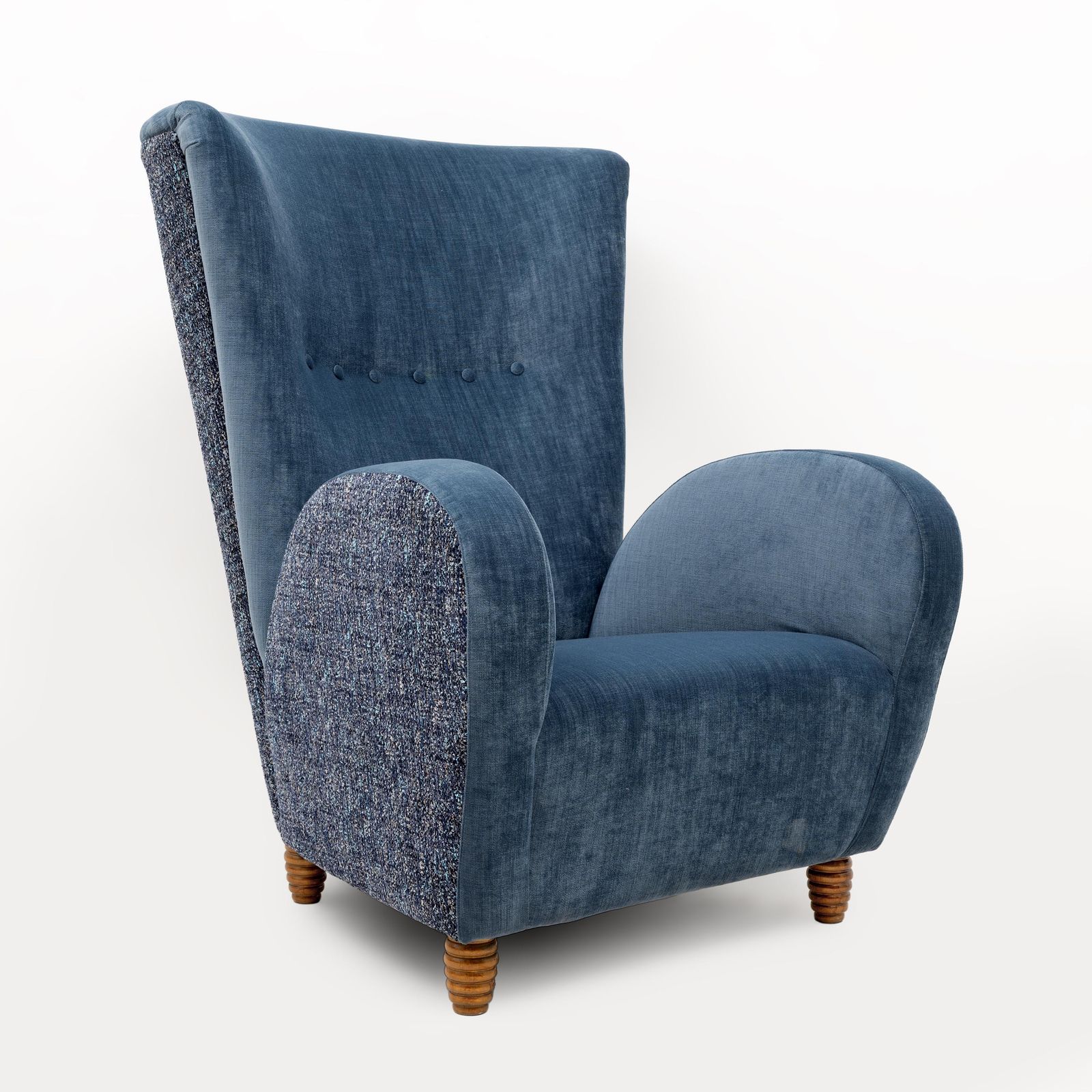 Pair Of Italian Paolo Buffa High Back Armchairs In Blue Velvet And Chenille, 50s photo vintage