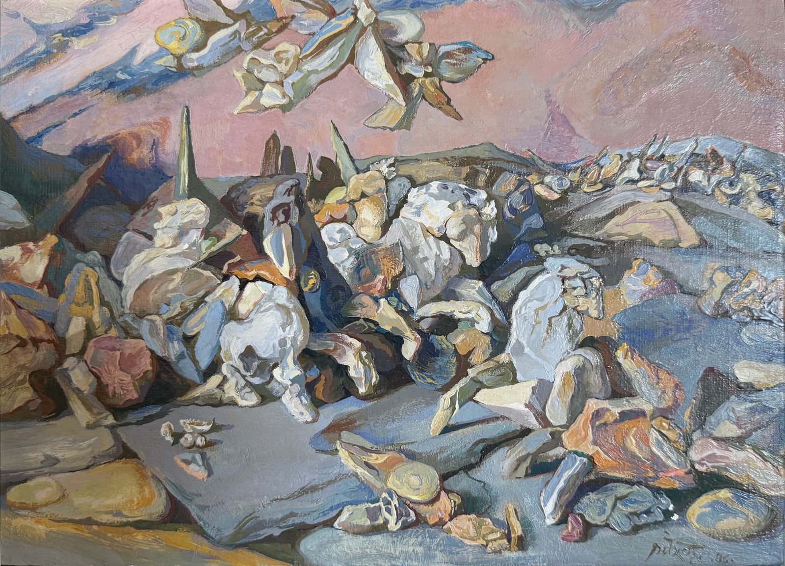 Antoni Pitxot Surrealist Mediterranean Rocky Figures And Coastal Fantasy Oil Painting 1986