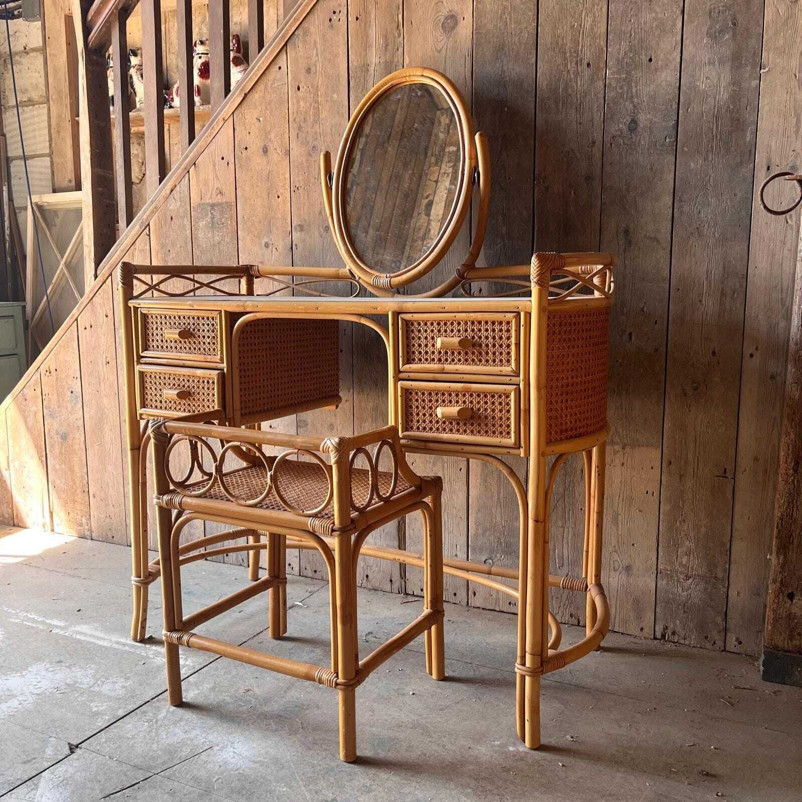 Cane And Bamboo Dressing Table With Oval Mirror With Stool photo 1125.0