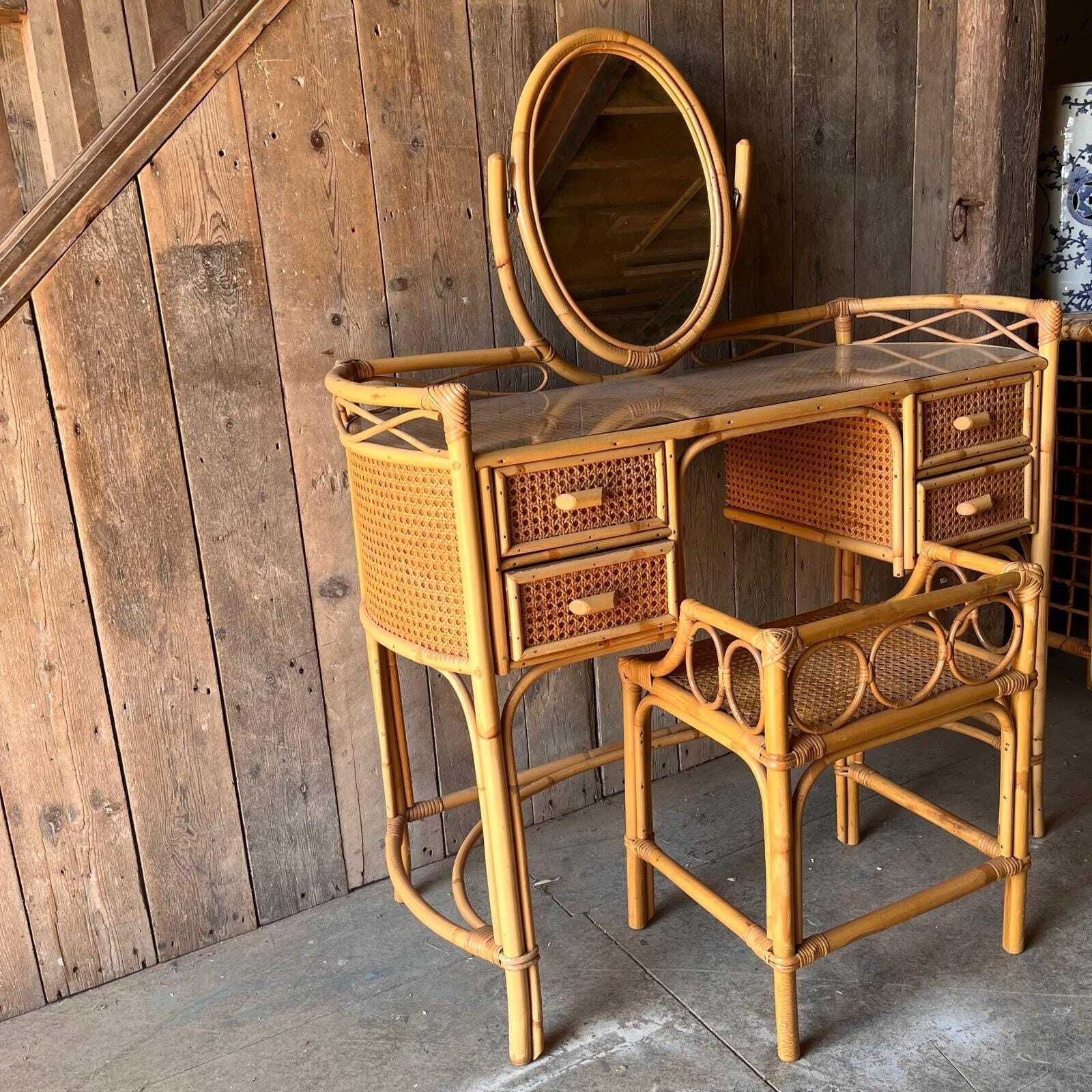 Cane And Bamboo Dressing Table With Oval Mirror With Stool photo vinterior