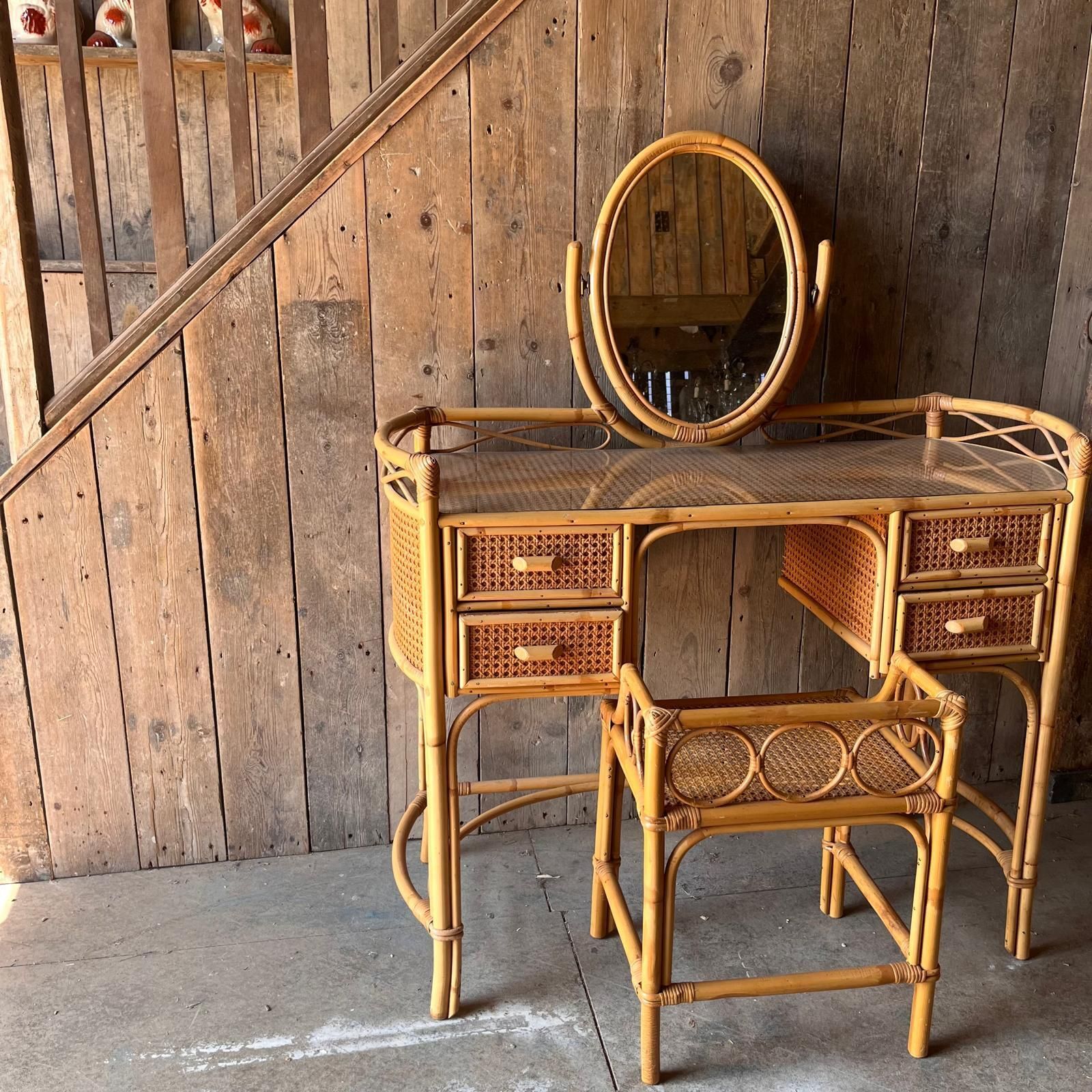 Cane And Bamboo Dressing Table With Oval Mirror With Stool photo vintage