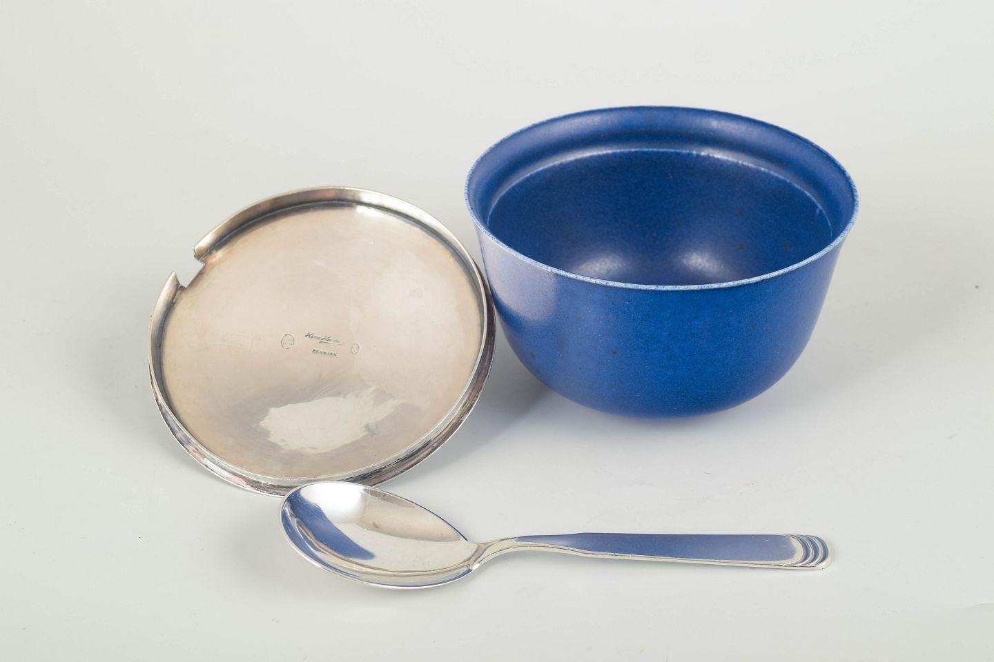 Saxbo Stoneware Jar With Hans Hansen Silver Lid And Spoon. 1934 photo for sale