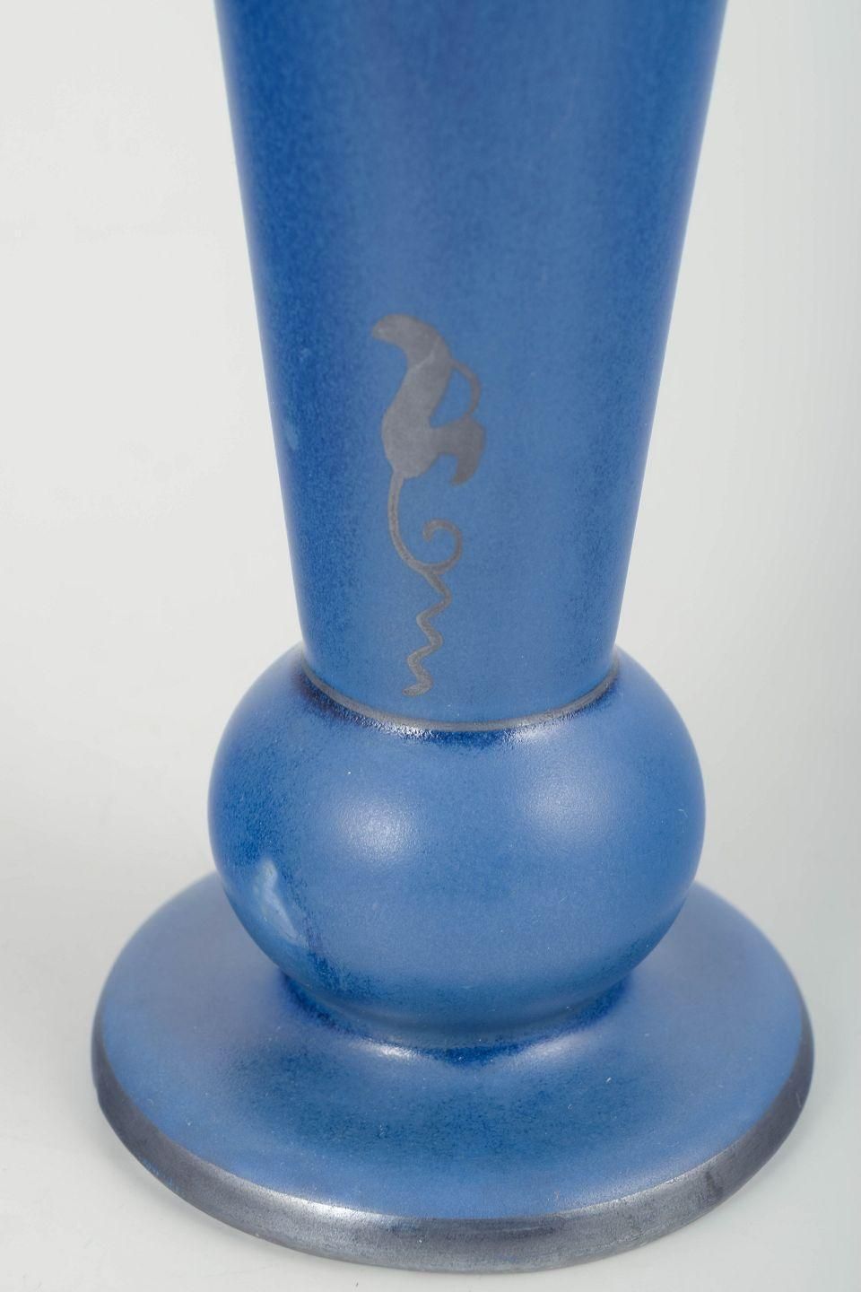 Arabia, Finland. Tall Vase In Intense Blue Glaze With Stylised Motif. 1960s photo for sale