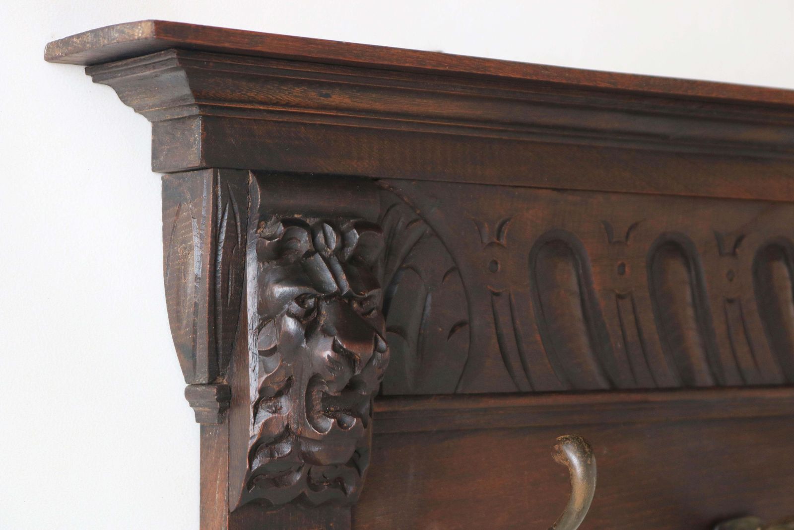 Antique Renaissance Revival Coat Rack / Hat Rack 1880 Lion Masks Carved Oak photo vintage