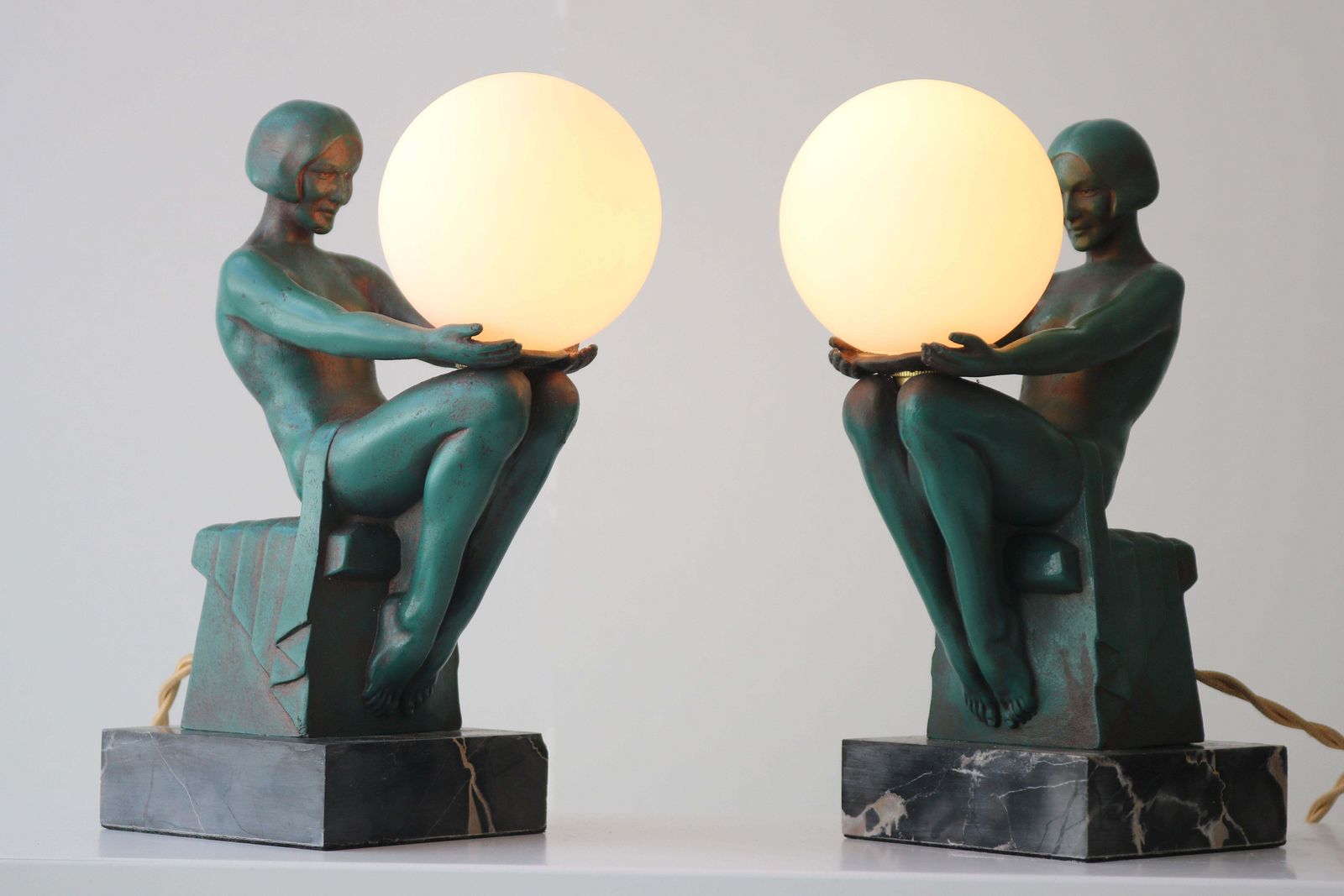 Rare Pair Original ''Délassement'' Table Lamps By Max Le Verrier 1930 France photo for sale