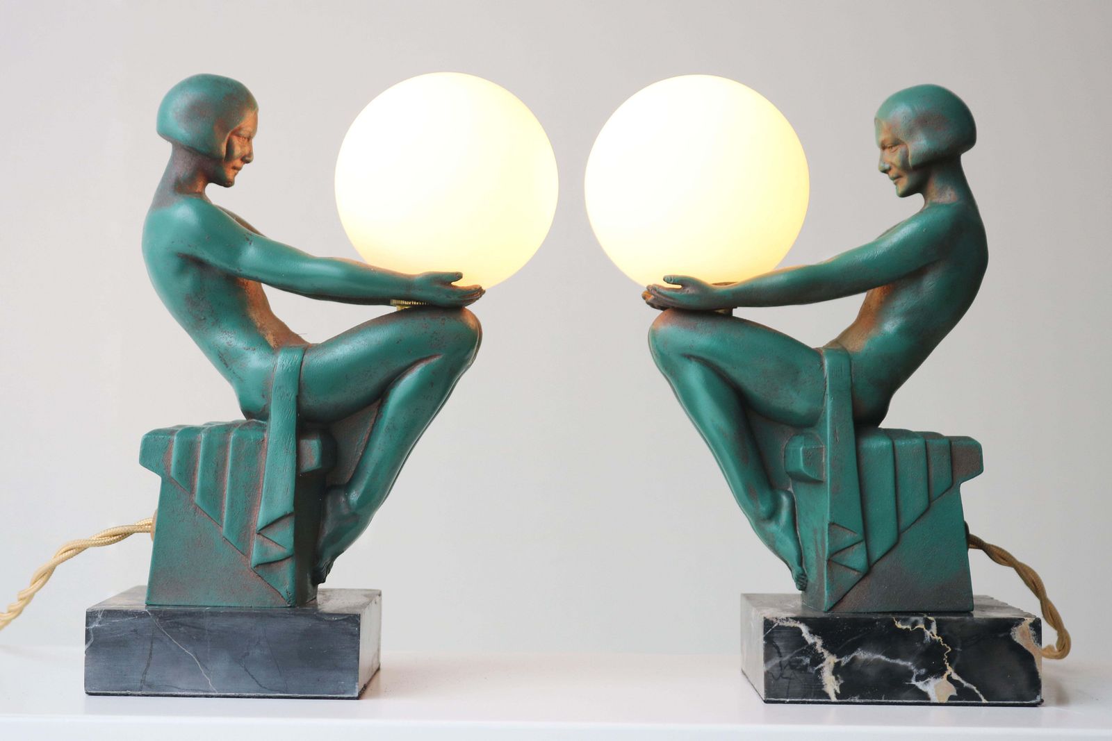photo for sale Rare Pair Original ''Délassement'' Table Lamps By Max Le Verrier 1930 France