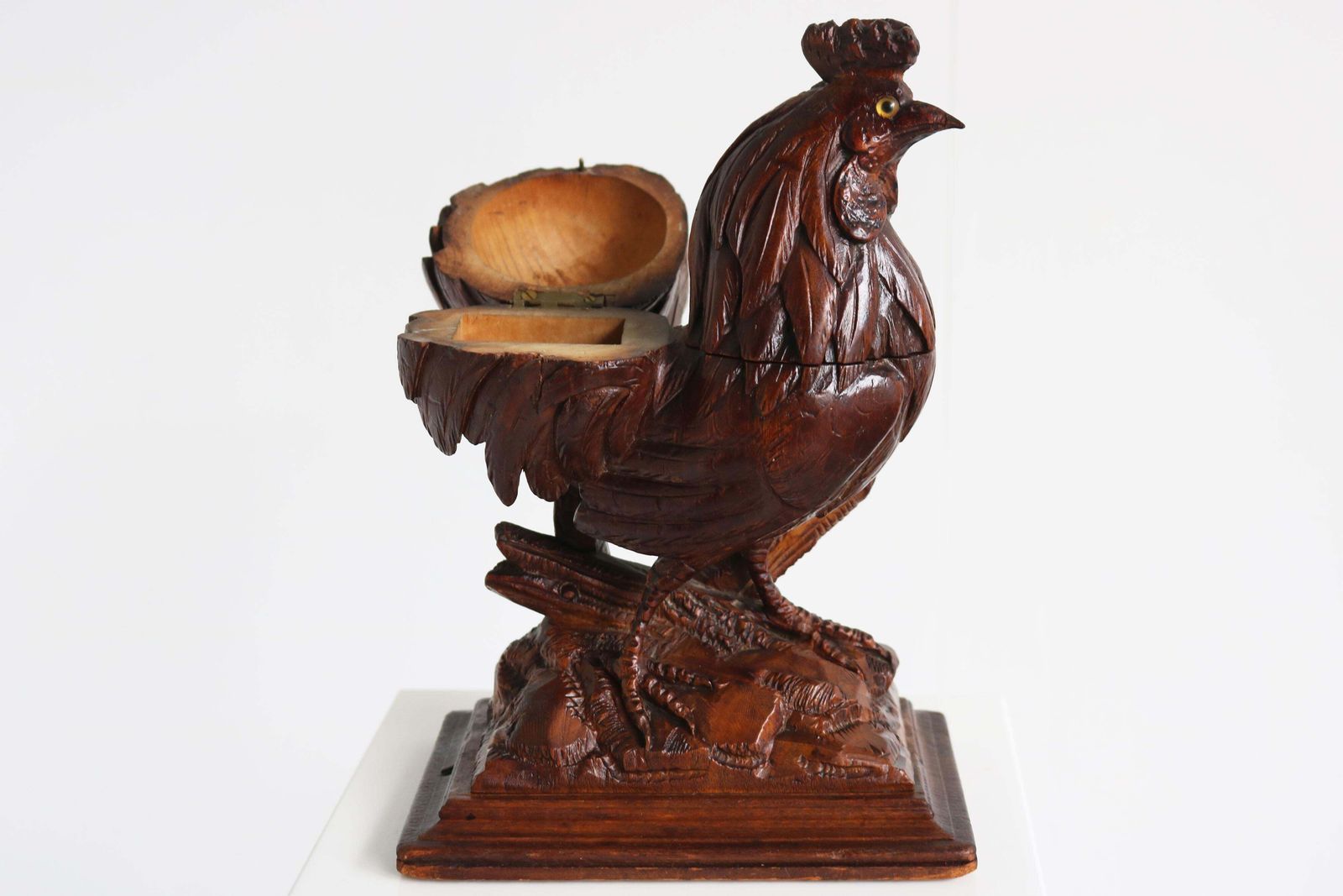 Rare Black Forest Rooster Inkwell 19th Century Swiss Glass Eyes Hand Carved photo buy
