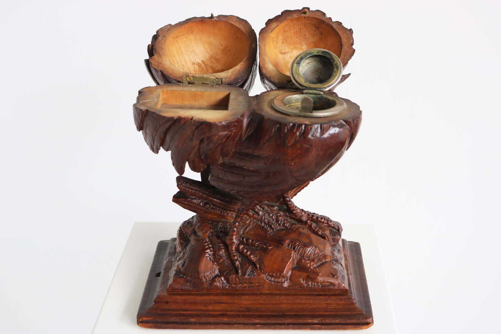 Rare Black Forest Rooster Inkwell 19th Century Swiss Glass Eyes Hand Carved photo vintage