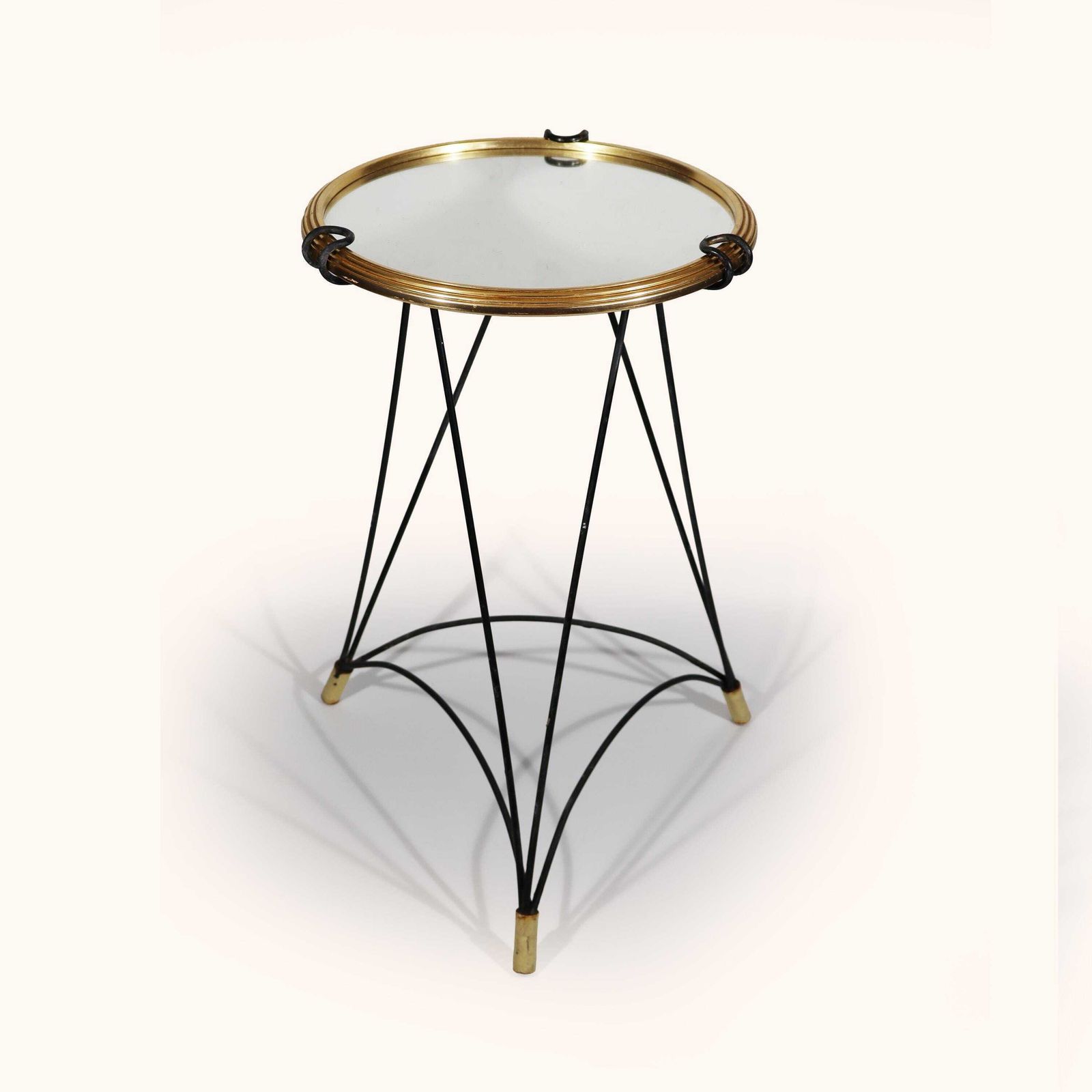 Table d'appoint tripode vintage avec plateau miroir à cadre doré