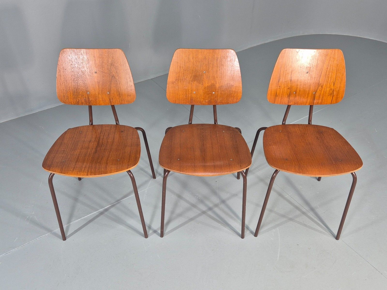 3 Vintage Danish Stacking Chairs Industrial Design Steel Teak Retro 60s Eb12491 photo for sale