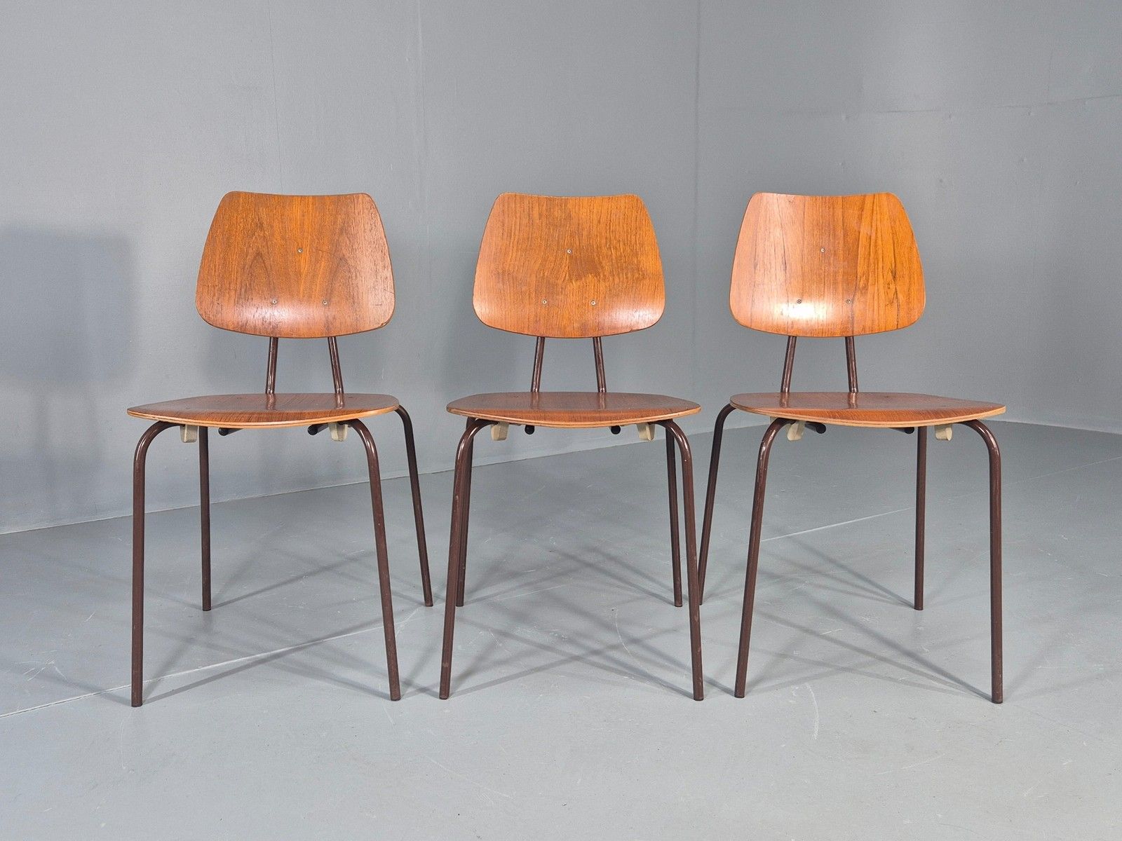 3 Vintage Danish Stacking Chairs Industrial Design Steel Teak Retro 60s Eb12491 photo Furniture