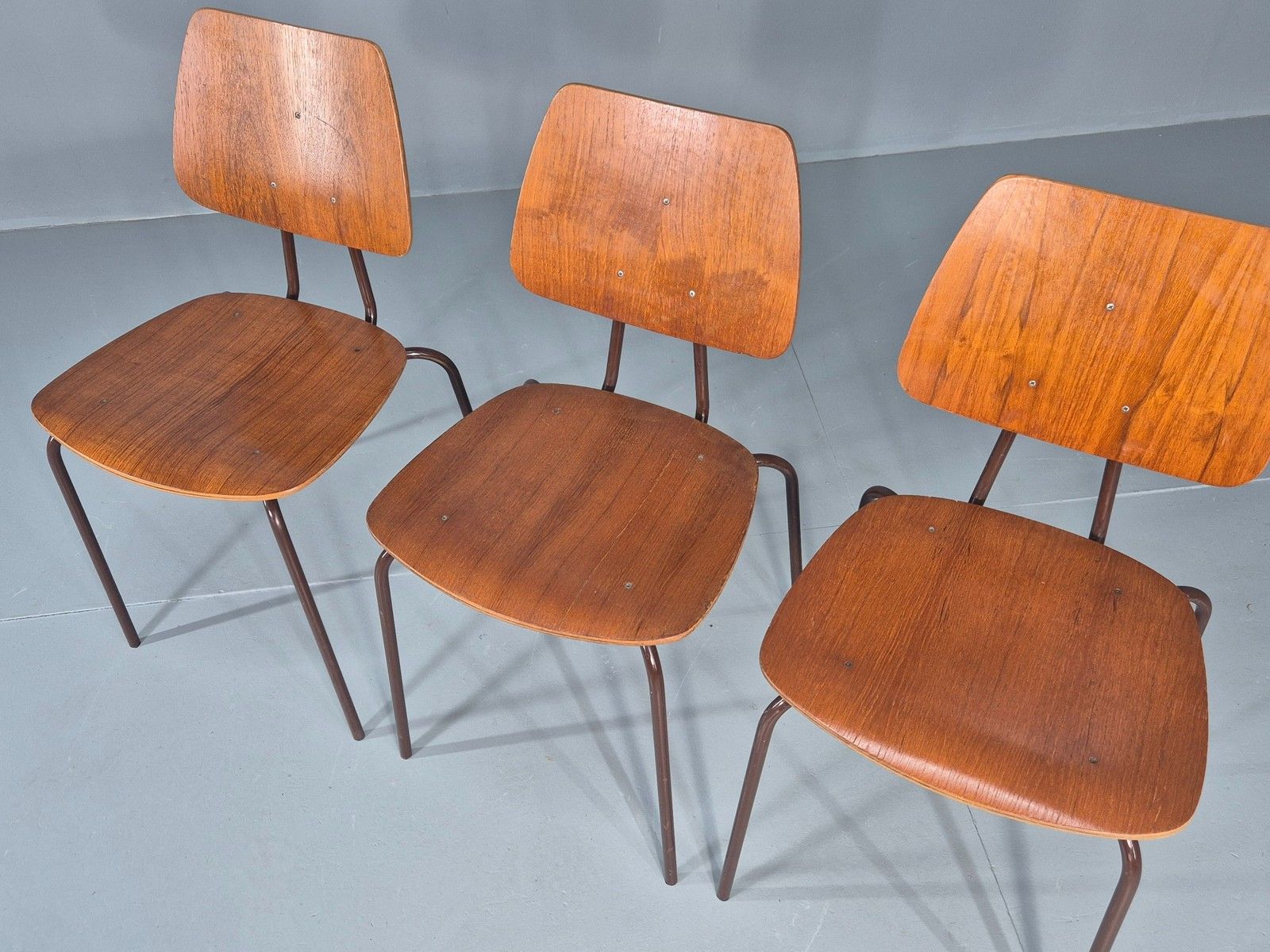 3 Vintage Danish Stacking Chairs Industrial Design Steel Teak Retro 60s Eb12491 photo 200.0