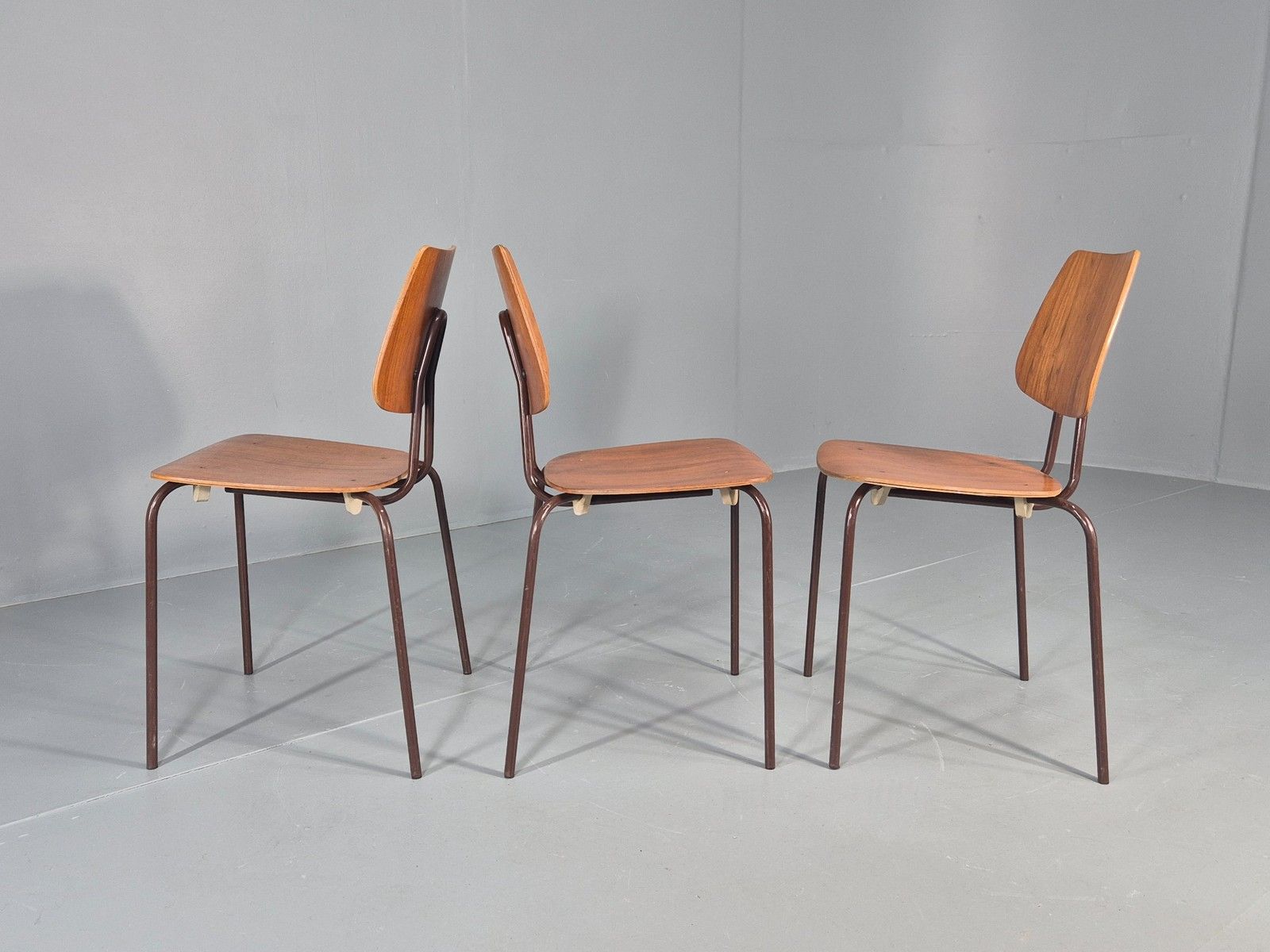 3 Vintage Danish Stacking Chairs Industrial Design Steel Teak Retro 60s Eb12491 photo vinterior
