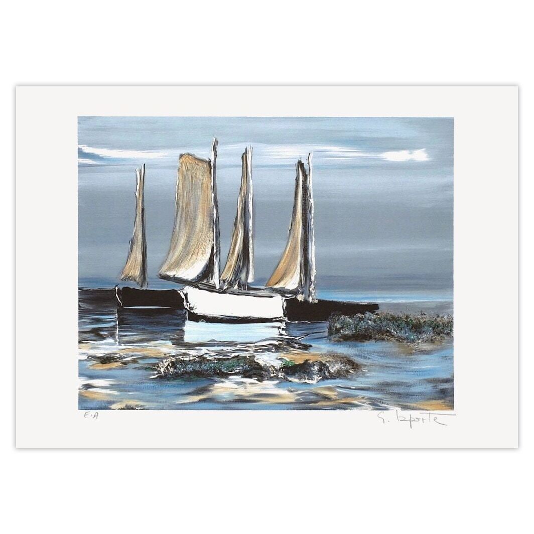 Georges Laporte Gesigneerde Lithografie Voiliers à Marée Basse 1995